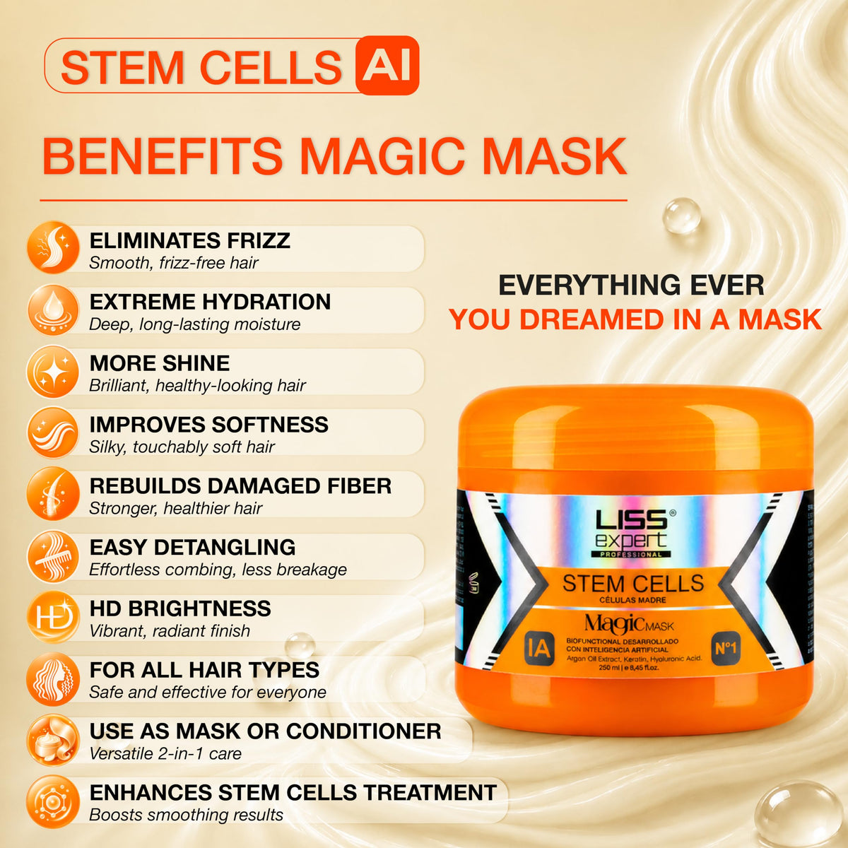 Liss Expert Stem Cells Magic Hair MASK, Argan Oil, Keratin, Hyaluronic Acid | Provides Long-Lasting Frizz & Humidity Protection| Moisturizing | For