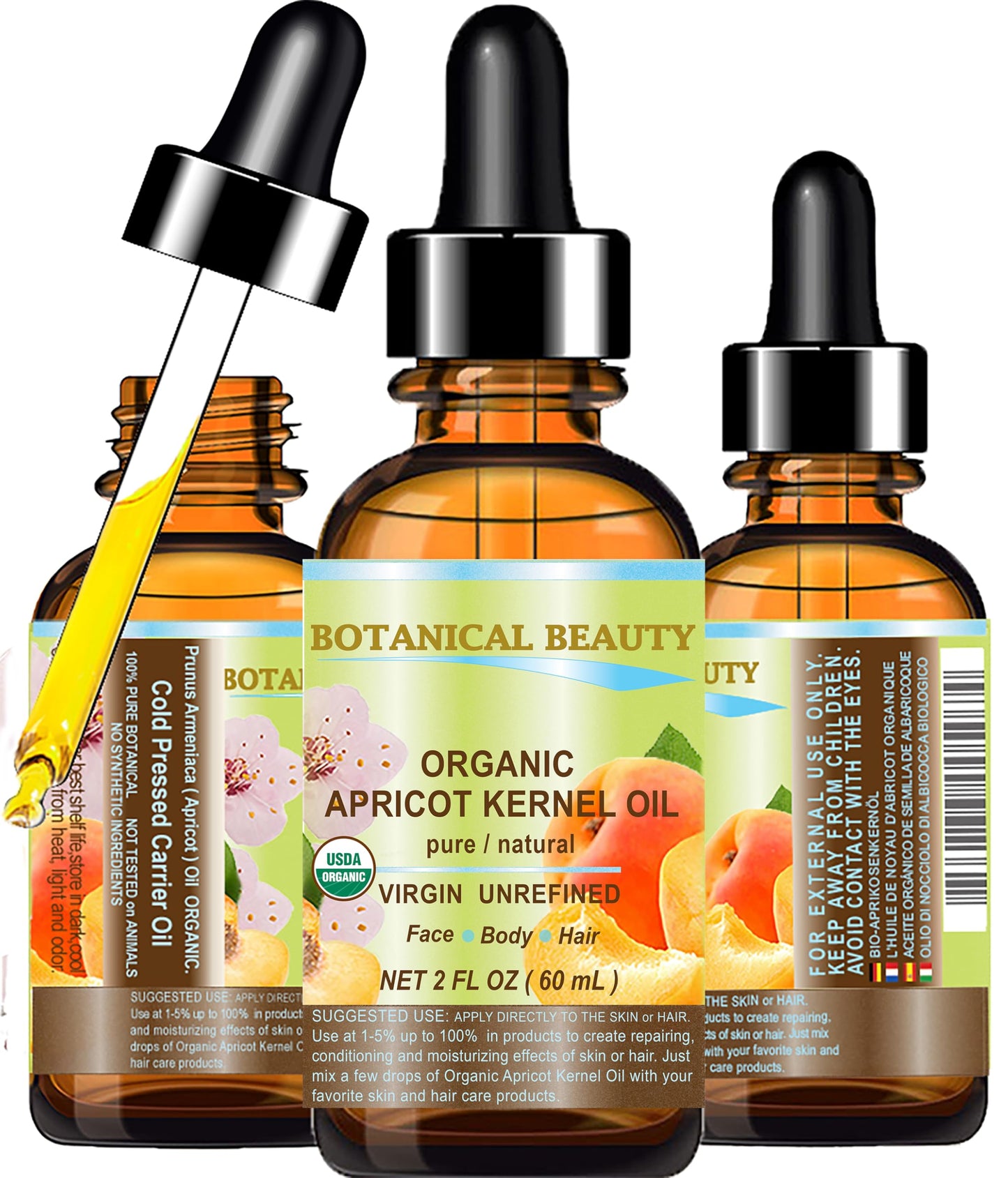 Botanical Beauty ORGANIC APRICOT KERNEL OIL Australian. 100% Pure Virgin Unrefined Cold Pressed Carrier Oil 2 oz- 60 ml. For Face, Hair, Body, Nails Beauty & Personal Care Botanical Beauty