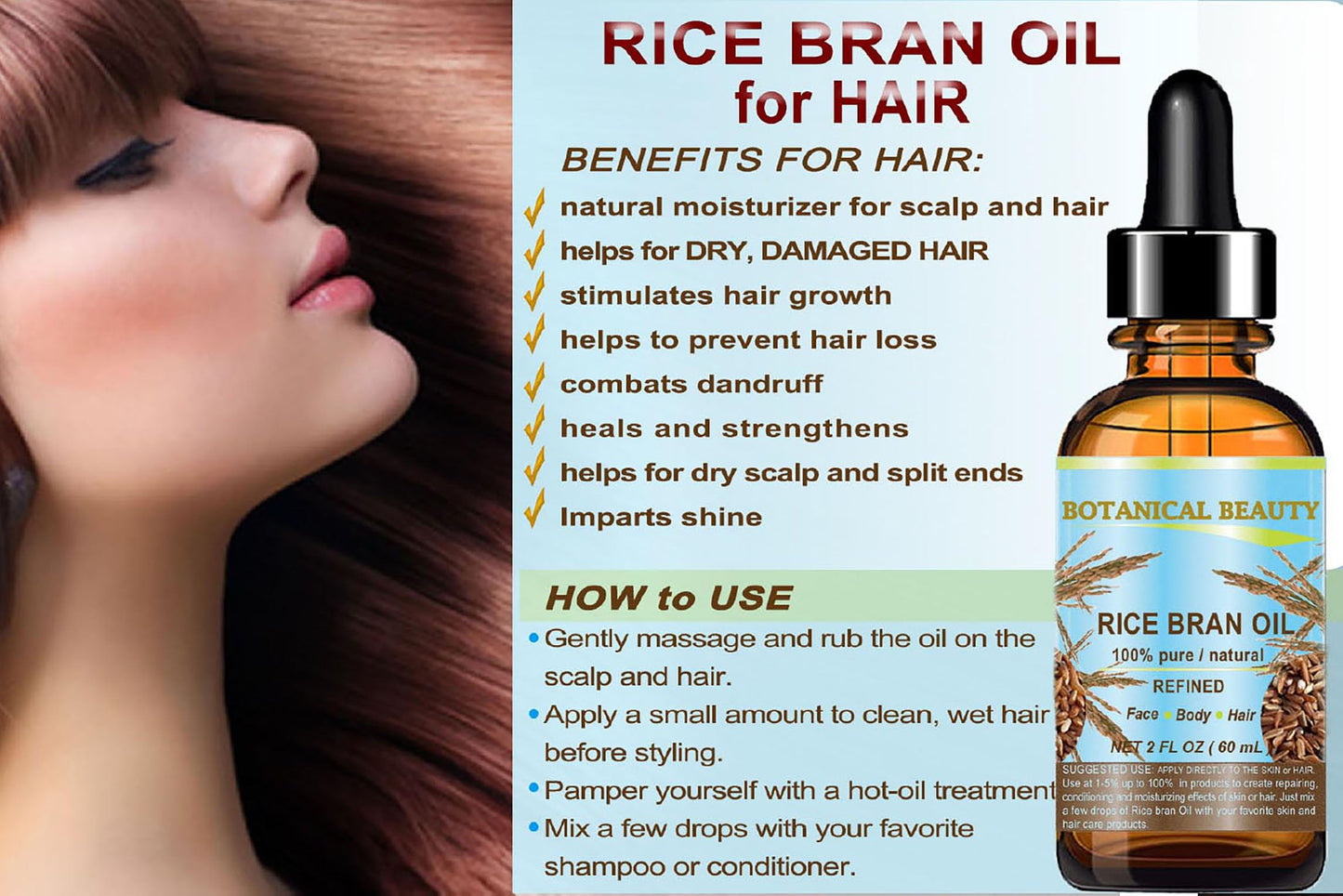 Botanical Beauty RICE BRAN OIL 100% Pure Natural Refined Undiluted Cold Pressed Carrier Oil for Face, Skin, Body, Hair, Massage, Nails. (2 Fl Oz) Beauty & Personal Care Botanical Beauty