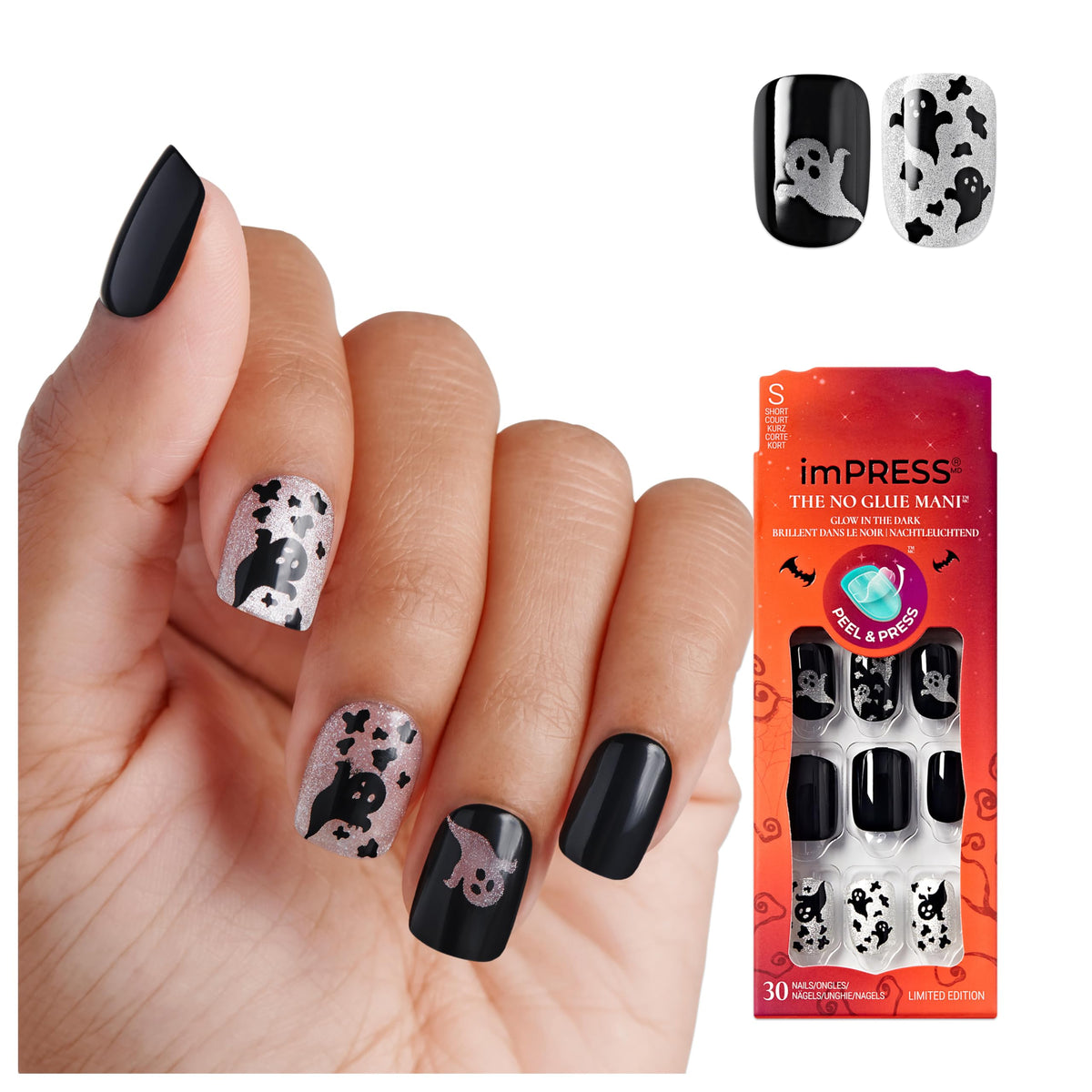 KISS imPRESS Halloween Press On Nails, ‘Coming Near’, Black, Short Squoval, Magnetic Powder Effect, No Glue, Glow-In-The-Dark, Includes Prep Pad, Mini