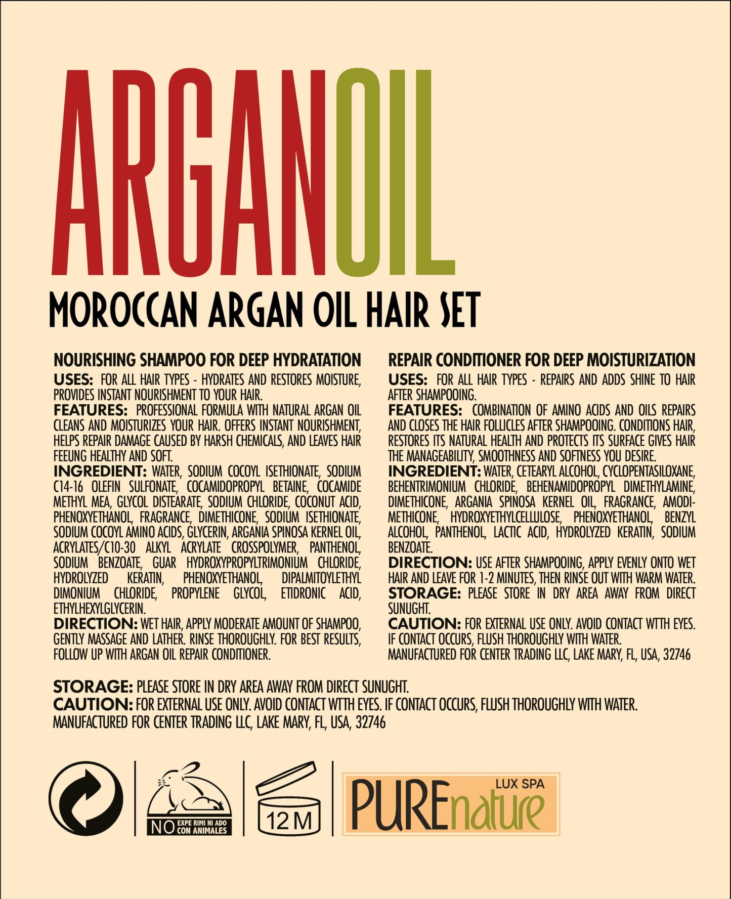 Argan Oil Shampoo and Conditioner Set - Keratin - For Curly, Straight, Dry and Damaged Hair - Moisturizing, Hydrating, Anti Frizz Salon Technology Beauty & Personal Care PURE NATURE LUX SPA