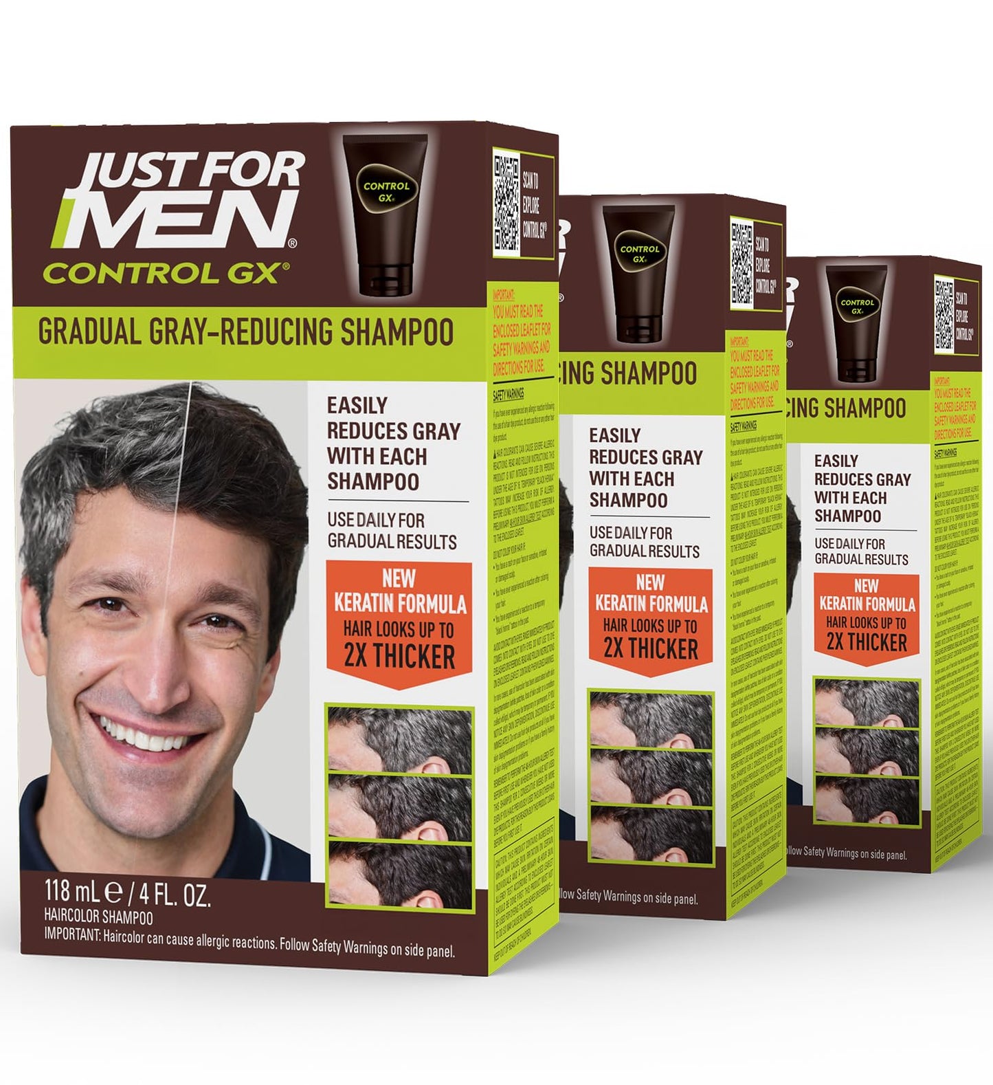 Just for Men Control GX Grey Reducing Shampoo, Gradual Hair Color with Keratin for Stronger Thicker and Healthier Looking Hair, 4 Fl Oz - Pack of 3 Beauty & Personal Care Just for Men