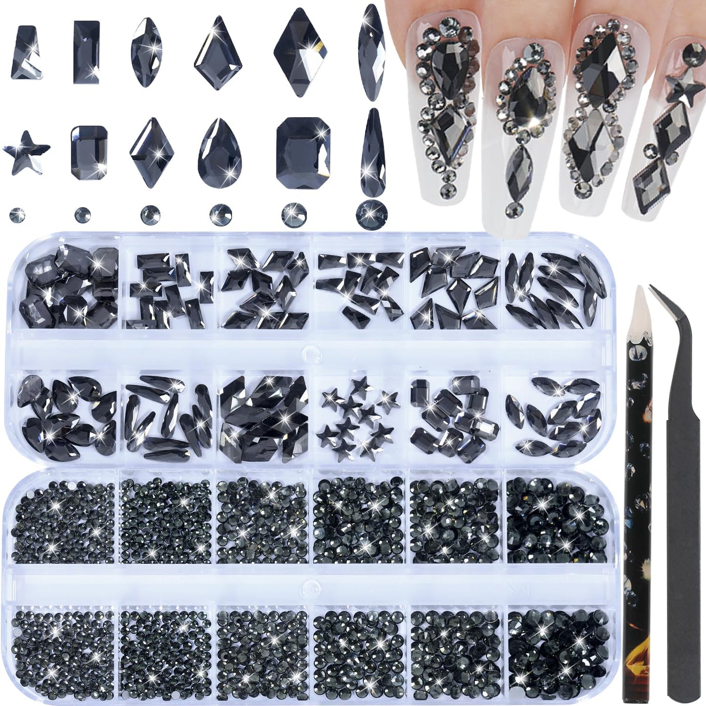 HNUIX Nail Rhinestones - 3D Multi Shape Size Crystal, Transparent Gray Nail Gems, Flat Back, with Kit, for Nail Art, DIY Decorations Beauty and Personal Care HNUIX Default Title