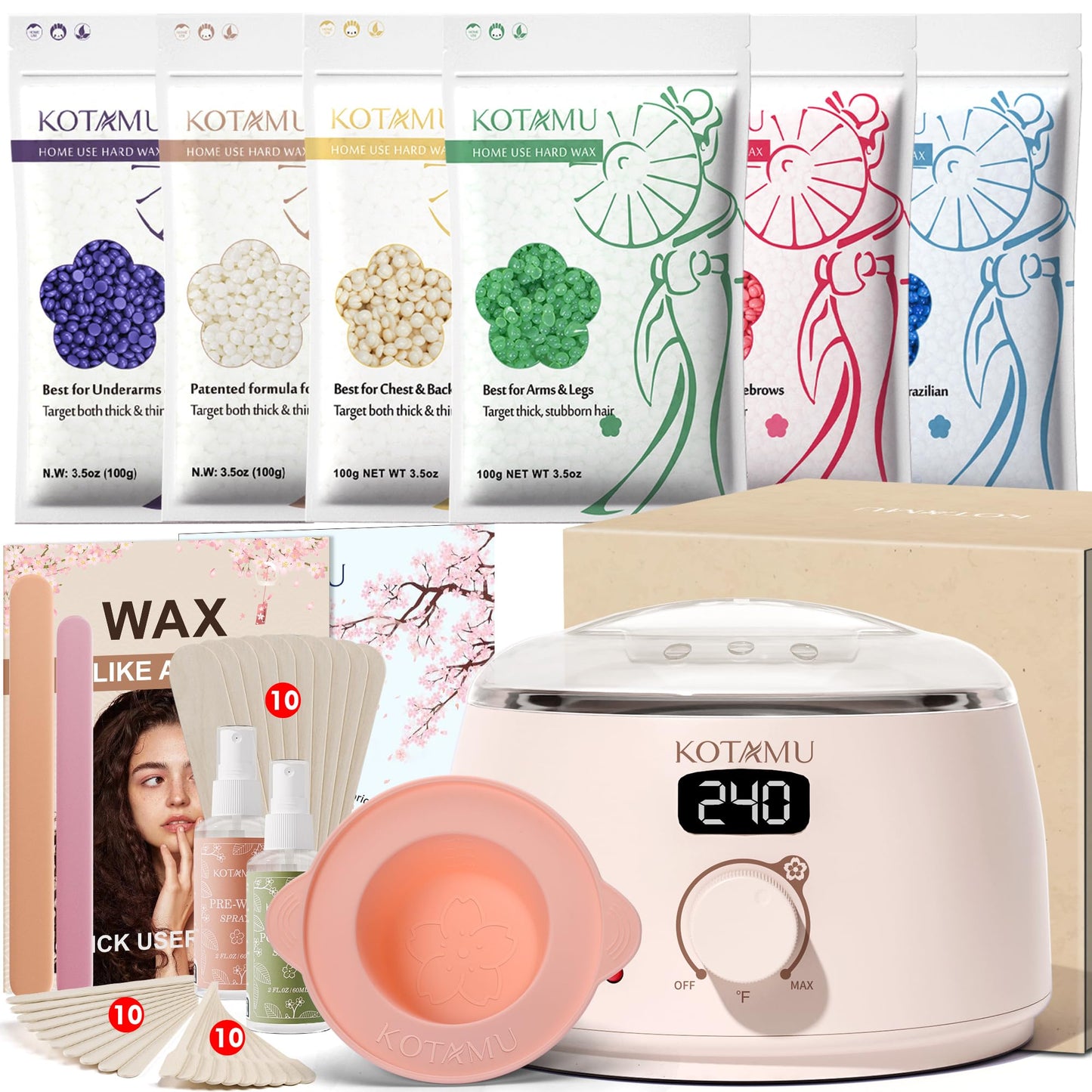 KOTAMU Wax Warmer, Waxing Kit for Women Men Hair Removal, Digital Waxing Machine for Face Eyebrow Bikini Brazilian Leg Body &Sensitive Skin, Pink Wax Beauty and Personal Care KOTAMU