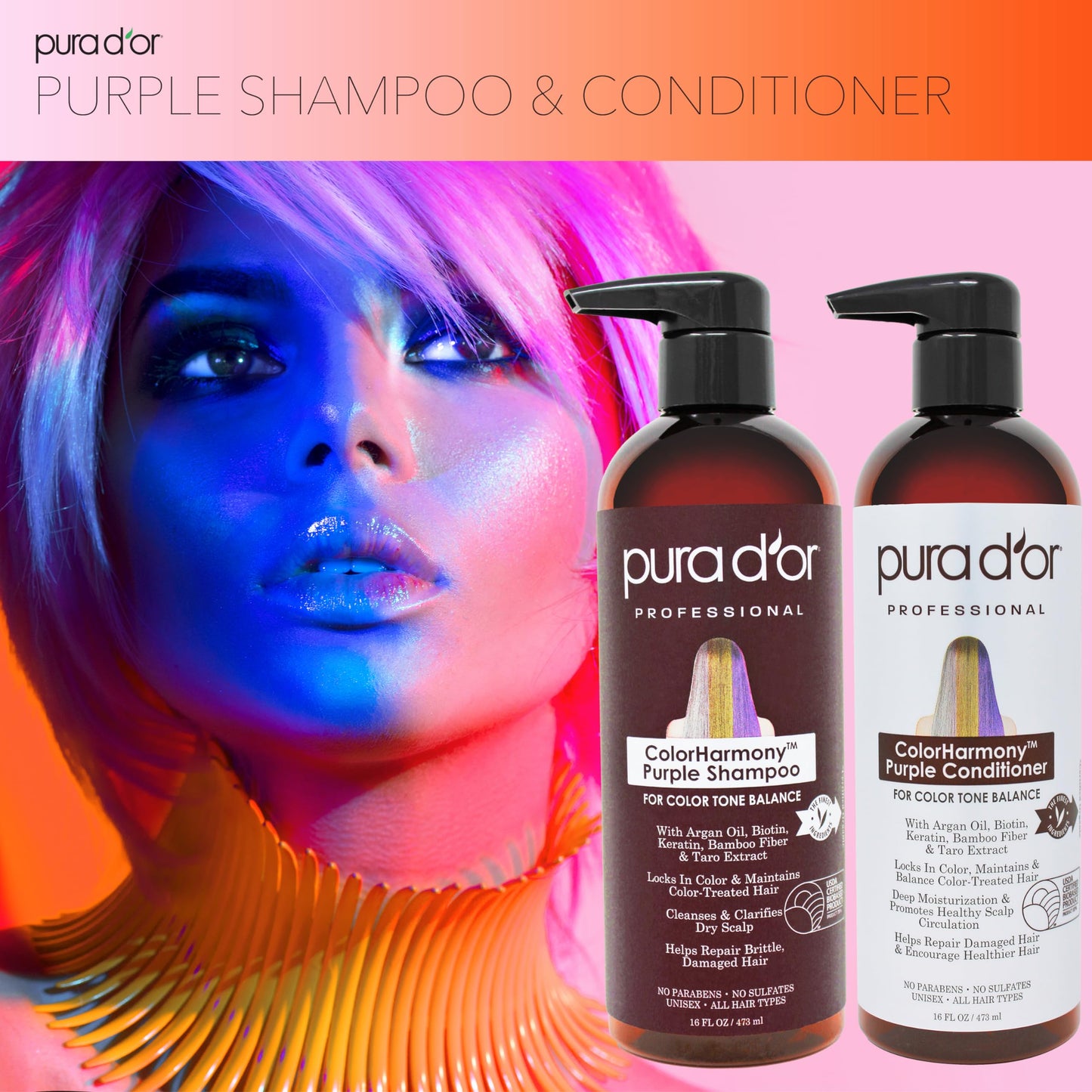 PURA D'OR Purple Shampoo & Conditioner (16oz x 2) ColorHarmony Biotin Set For Bleached, Blonde, Silver & Color Treated Hair - Keratin, Bamboo Fiber Beauty & Personal Care PURA D'OR