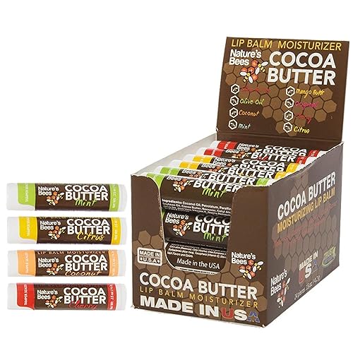 Nature's Bees Cocoa Butter Lip Balm, Lip Care for Dry Lips, Made with Coconut Oil, Beeswax, Vitamin E, Aloe, and Shea Butter, 0.15 oz Each, 4 Flavors Beauty & Personal Care Nature’s Bees