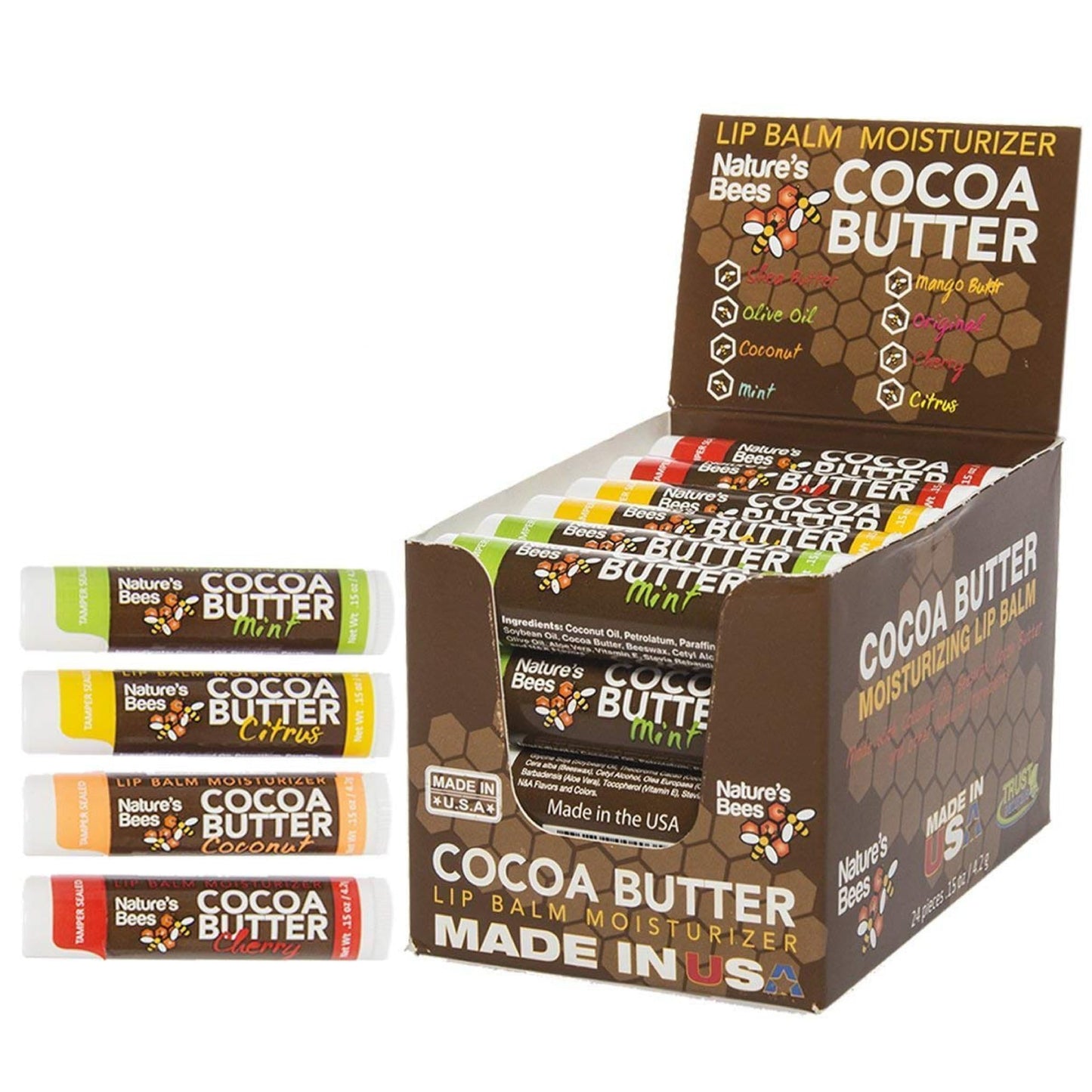 Nature's Bees Cocoa Butter Lip Balm, Lip Care for Dry Lips, Made with Coconut Oil, Beeswax, Vitamin E, Aloe, and Shea Butter, 0.15 oz Each, 4 Flavors Beauty & Personal Care Nature’s Bees