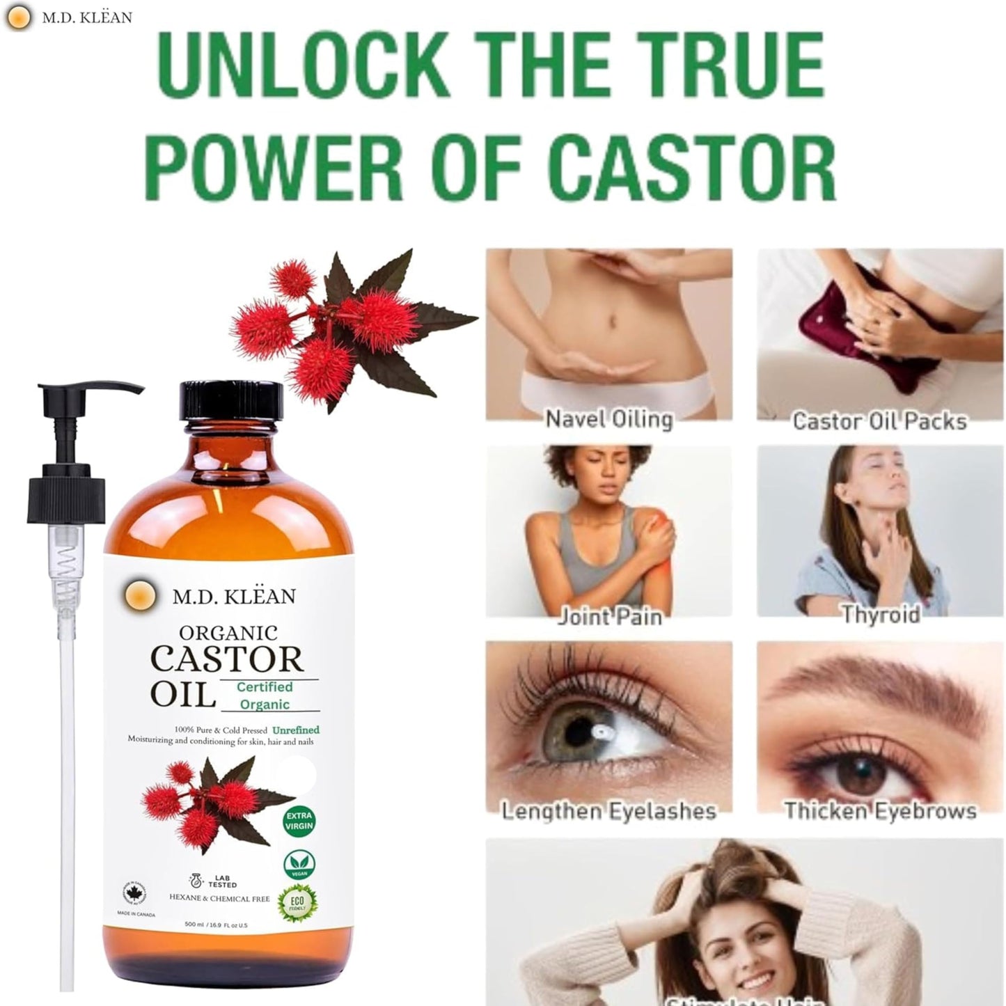 MD KLEAN Organic Castor Oil (500ml w/ 60ml Dropper) 100% Cold Pressed Unrefined Glass Bottles | Hexane Free | Moisturizer and Conditionor Beauty & Personal Care M.D. KLEAN