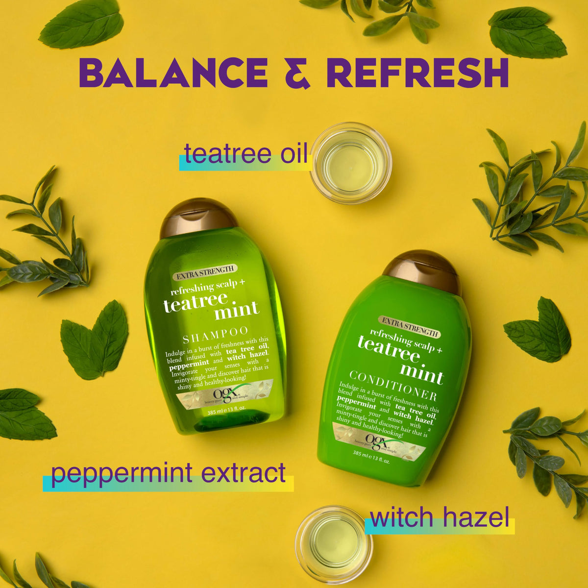 OGX Extra Strength Refreshing Scalp + Teatree Mint Conditioner, Invigorating Conditioner with Tea Tree & Peppermint Oil & Witch Hazel, Paraben-Free,