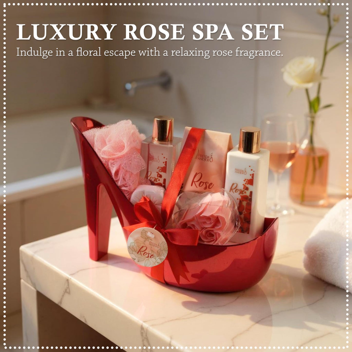 Elegant Bath Set in High Heel Shoe - Luxurious Spa Gift Basket for Women, Includes Shower Gel, Body Lotion, Bath Salts, Soap Flowers, Bath Fizzer Beauty and Personal Care Freida and Joe