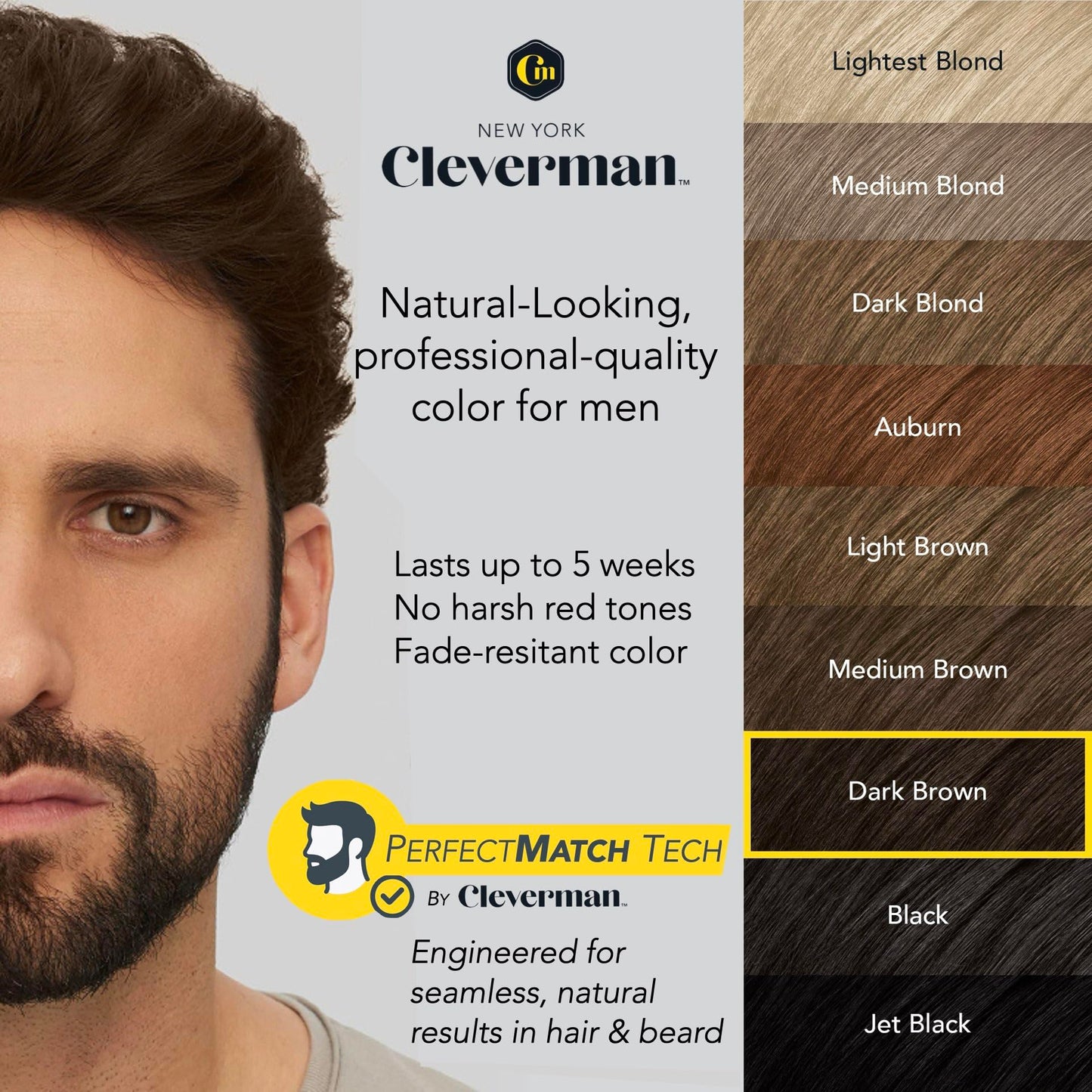 Reusable Hair & Beard Dye for Men - Dark Brown 3.1 | Up to 5 Uses, 7 Minutes | Natural Gray Coverage, No-Drip Cream with SkinArmour® - Cleverman Beauty & Personal Care CLEVERMAN
