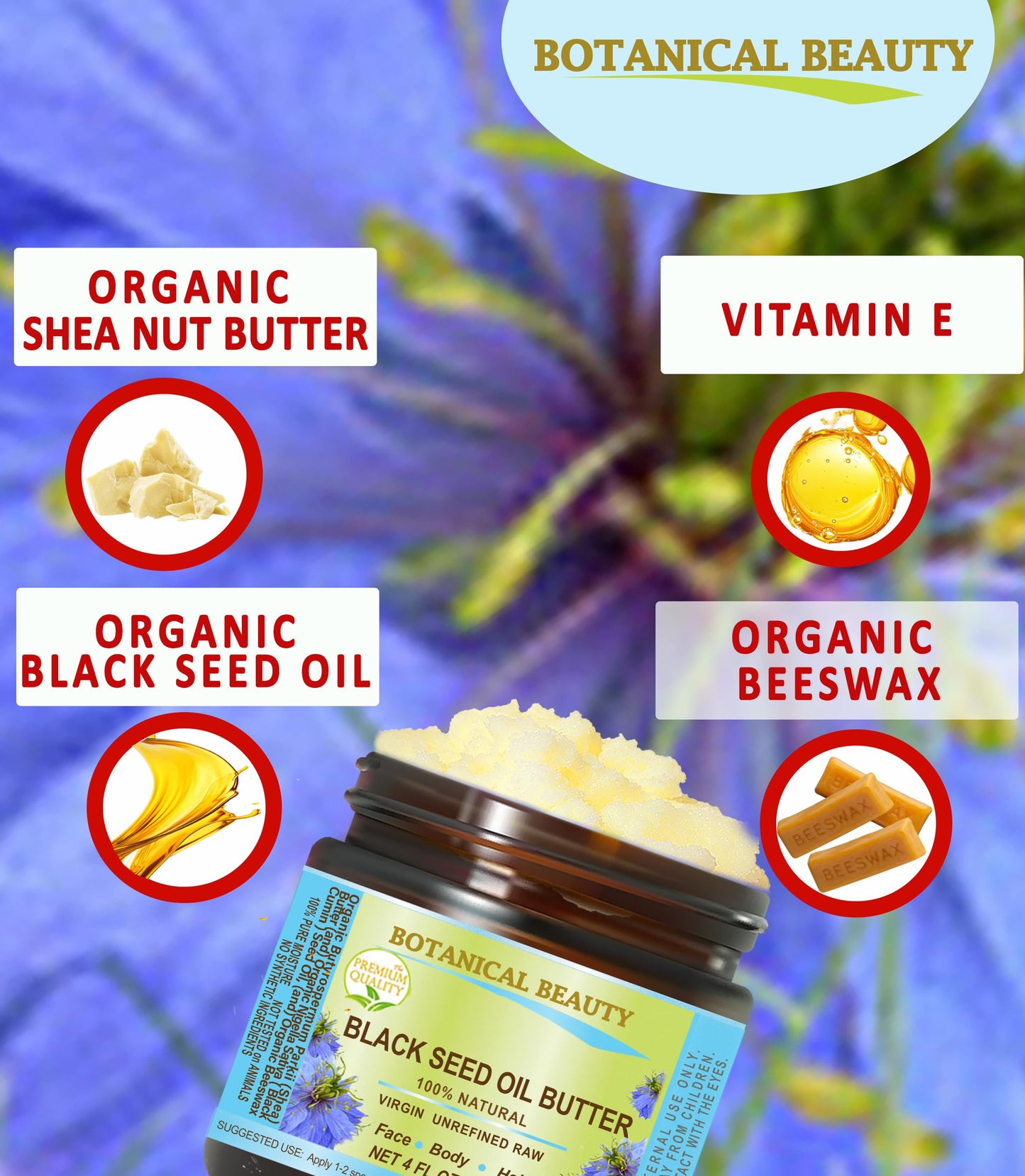 Botanical Beauty BLACK SEED OIL BUTTER 100% Natural Pure Virgin Unrefined Raw for FACE, SKIN, BODY, HAIR, NAILS, DRY SKIN. Organic Black Seed Oil Beauty & Personal Care Botanical Beauty