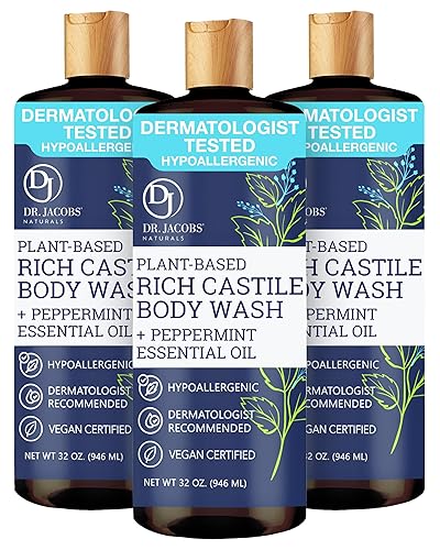 Dr. Jacobs Naturals Pure Castile Soap Liquid Body Wash, Peppermint - Plant Based Soap Infused with Vitamin E and Aloe Vera to Moisturize Dry Beauty & Personal Care DR.JACOBS NATURALS
