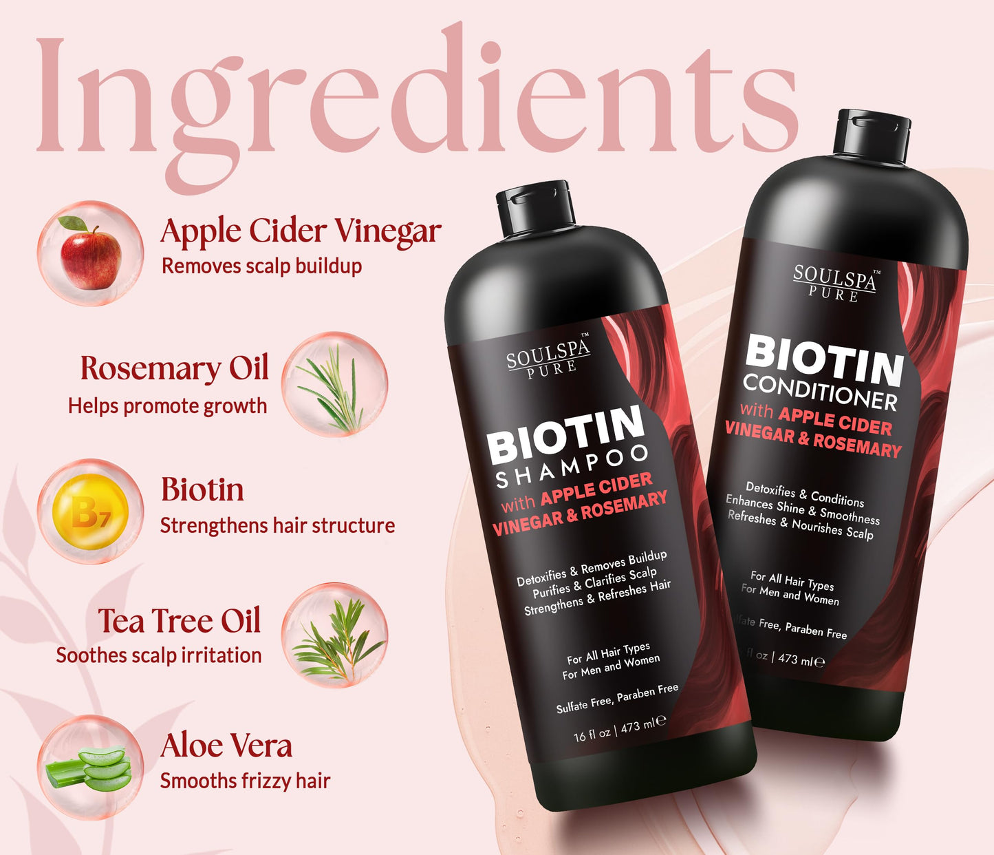SOULSPA PURE Apple Cider Vinegar Biotin Shampoo and Conditioner Set - ACV Clarifying Scalp Care with Rosemary Oil & Keratin - Sulfate Free for Oily Beauty & Personal Care SOULSPA PURE