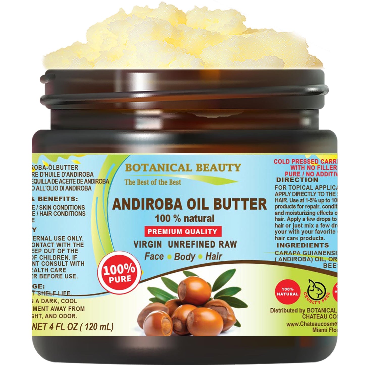 Botanical Beauty Andiroba Oil Butter Raw Pure Natural VIRGIN UNREFINED Cold-Pressed for Face, Skin, Body, Hair, Lip, Nails. Rich in Vitamin E, Vitamin Beauty & Personal Care Botanical Beauty