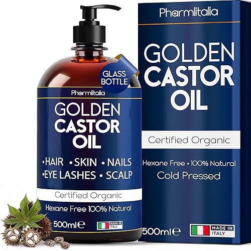 Pharmlitalia Caster Oil Organic Cold Pressed Unrefined Glass Bottle - Organic Golden Castor Oil for Face, Scalp, Eyelashes, Skin Care and Nails Beauty & Personal Care Pharmlitalia