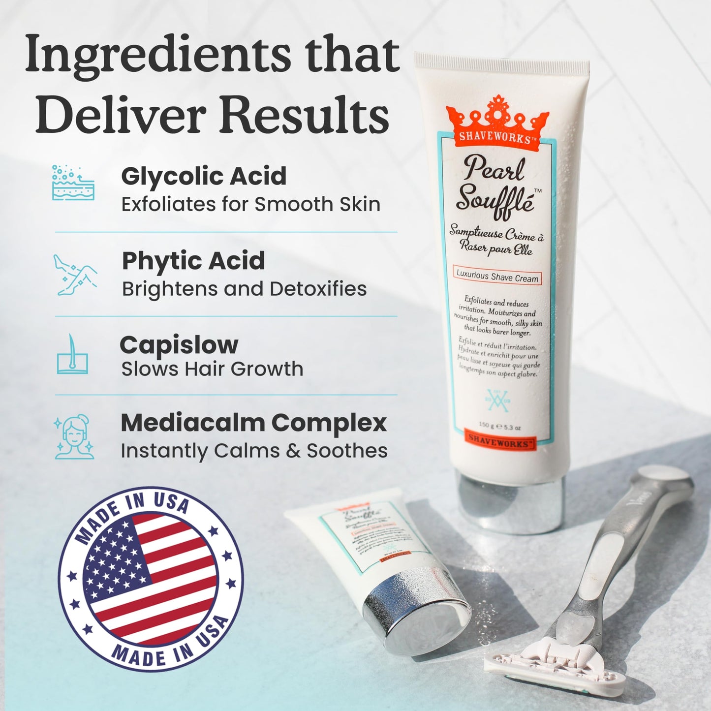 Shaveworks Shaving Cream for Women 5.3 Oz Pearl Soufflé: Exfoliates, Moisturizes, Reduces Irritation, and Minimizes Future Hair Growth - Womens Bikini Beauty and Personal Care Shaveworks