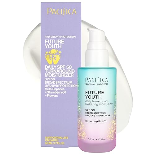 Pacifica Peptide Face Moisturizer Future Youth Daily Turnaround Hydrating, SPF 50 Broad Spectrum, UVA/UVB Sun Protection, Sunscreen, Face Moisturizer Beauty & Personal Care Pacifica