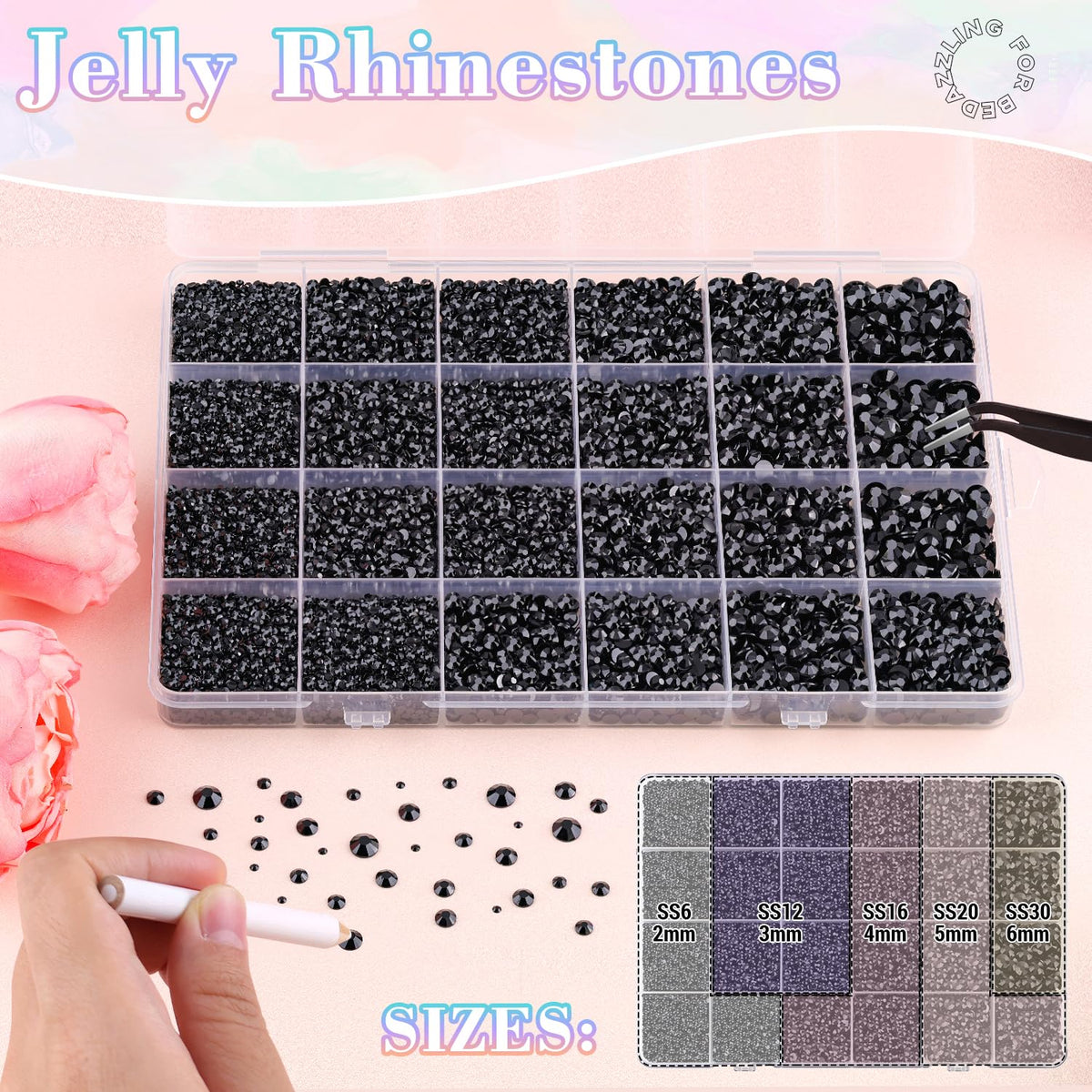 32000Pcs Resin Black Rhinestones with B7000 Jewelry Glue for Crafting, 2-6mm Non Hotfix Flatback Gems, Bedazzling Crystal for DIY Crafts Clothing