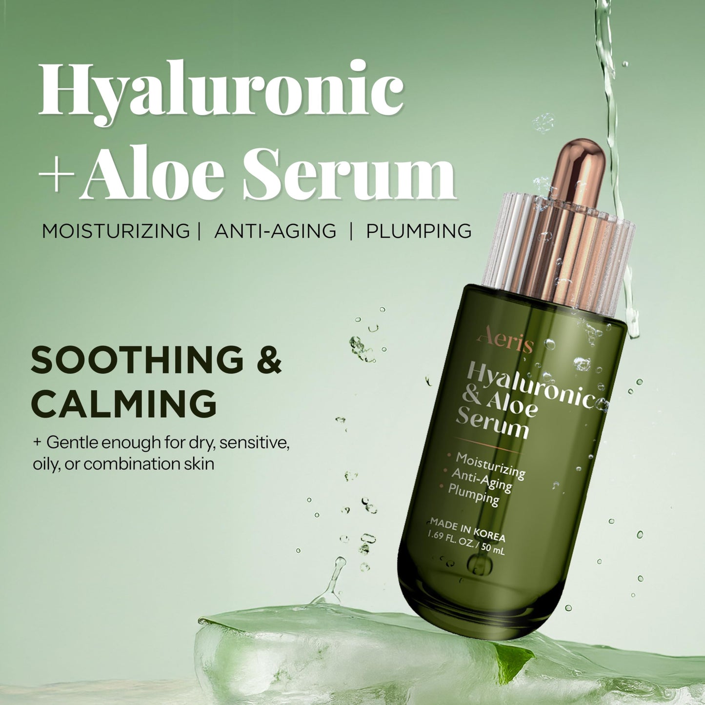 Aeris Hyaluronic Acid Serum for Face with Aloe - Ultra Hydrating & Soothing Formula For Dry, Sensitive Skin - Dermatologist Tested, Anti-Aging, Korean Beauty & Personal Care Aeris