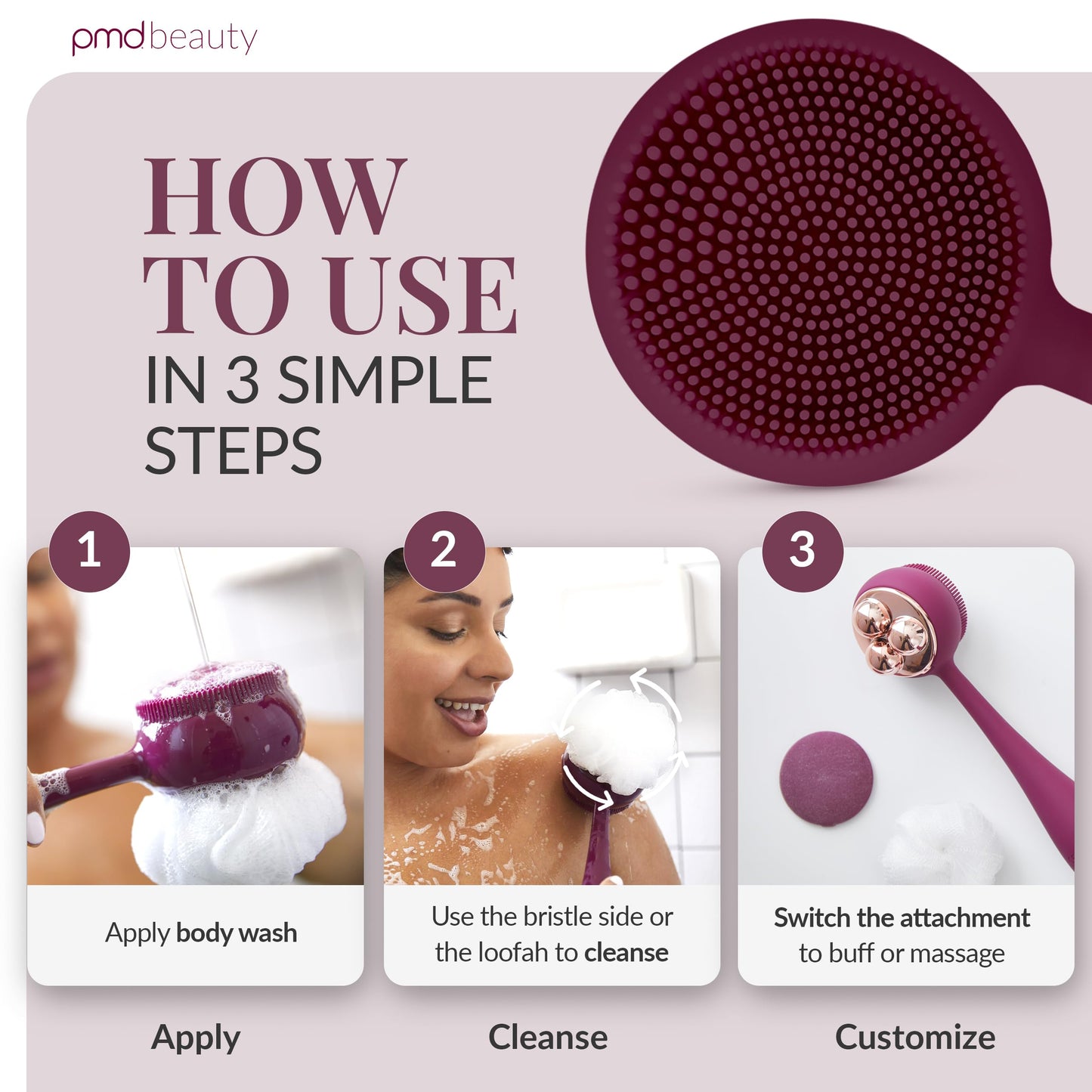 PMD Clean Body - Smart Body Cleansing Device with Silicone Brush & Three Interchangeable Attachments - Waterproof - SonicGlow Vibration - Cleanse Beauty & Personal Care PMD Beauty