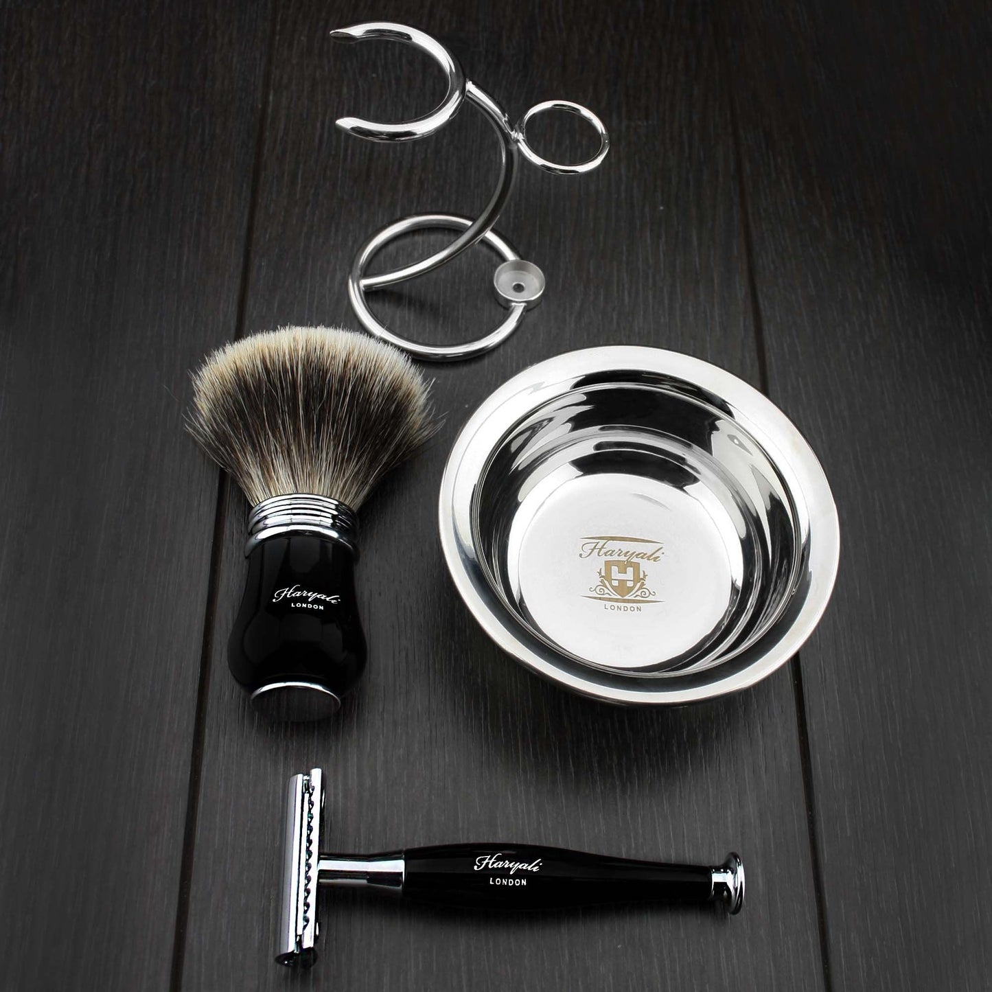 Ready to Use 4 Pcs Men's Shaving Set with Double Edge Safety Razor, Sliver Tip Badger Hair Brush, Stand and Steel Soap Bowl Beauty and Personal Care Haryali London