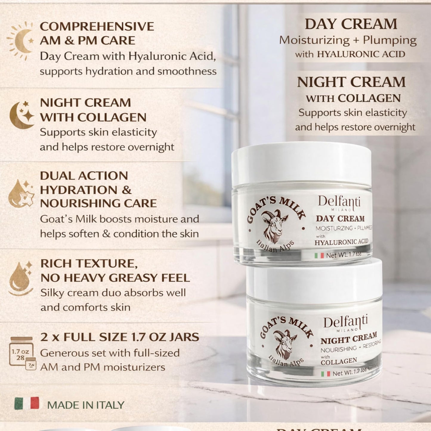 Delfanti-Milano • FULL SIZE DUO PACK • GOAT'S MILK with HYALURONIC ACID Day Cream and GOAT'S MILK with COLLAGEN Night Cream • Face and Neck Beauty & Personal Care Delfanti-Milano