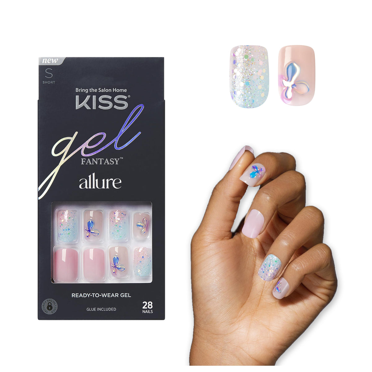 KISS Gel Fantasy Allure Press On Nails, Ready to Wear, 3D Design, Waterproof, Pink Gel Nail Glue 0.07 Oz. (2g), Manicure Stick & Mini File, 28 Count