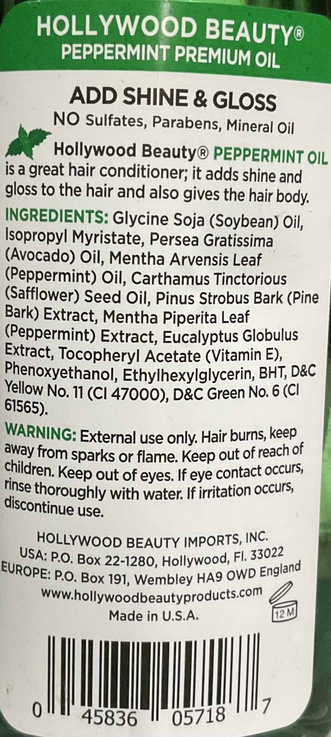 Hollywood Beauty Peppermint Hair Oil, 8oz Bottle, Conditions both hair and skin, Natural Treatment that Dries Itchy Scalps & Moisturizes Hair & Skin Beauty & Personal Care Hollywood Beauty