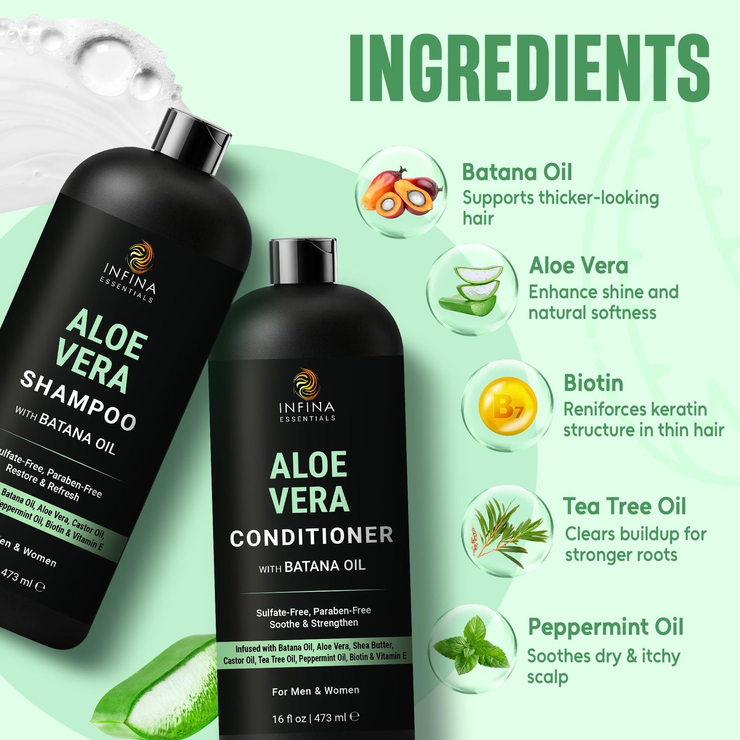 INFINA ESSENTIALS Aloe Vera Shampoo and Conditioner Set | 16 fl oz Each | with Batana Oil | Hydrating, Soothing & Moisture Balance Formula | Beauty & Personal Care INFINA ESSENTIALS
