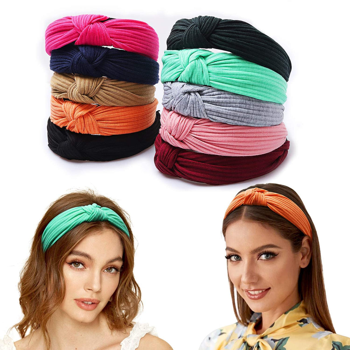 10 Pcs Top Knotted Headbands for Women and Girls, Wide Turban Headbands Fabric Hair Hoops, Head Wrap in Solid Color, Cross Knot Hair Bands Non-Slip
