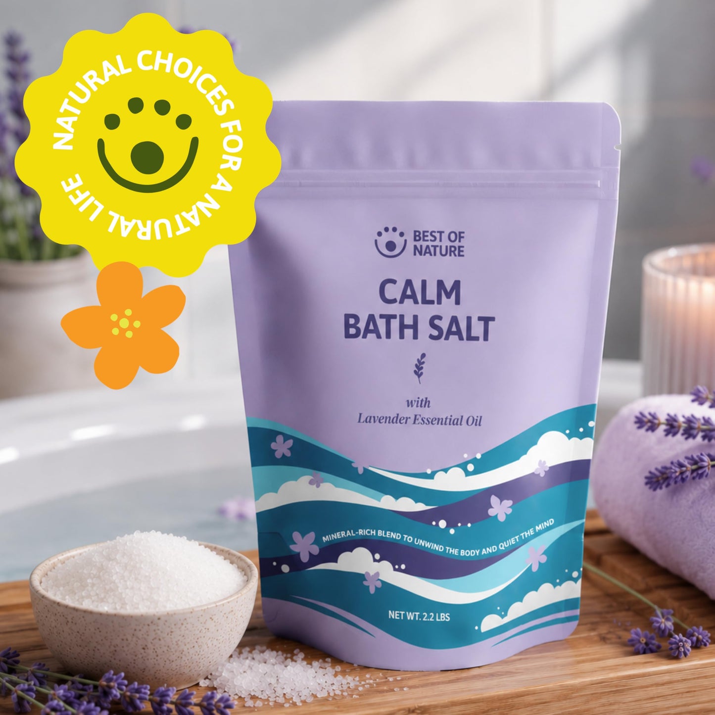 Best of Nature Calm Epsom Salt Bath Soak with Lavender Essential Oil, Mineral-Rich Bath Salts, Resealable Bag, 2.2 lb Beauty and Personal Care Best of Nature