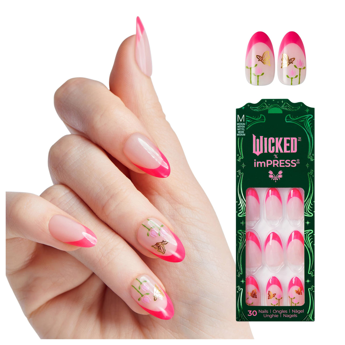 WICKED X imPRESS Press On Nails, New Improved Adhesive, Up To 10 Day Hold, ‘Unlikely Friendship’, Pink, Medium Almond, Includes 30 Fake Nails, 1 Prep