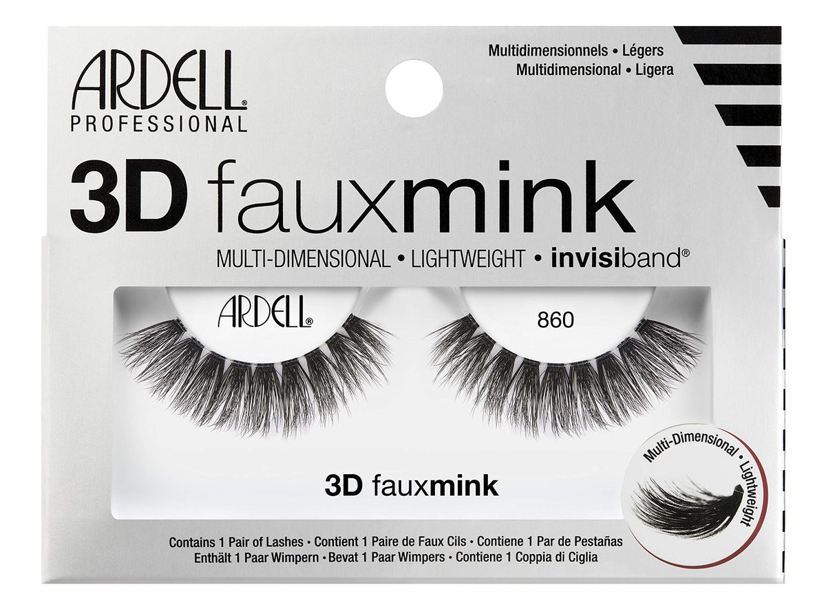 Ardell False Eyelashes 3D Faux Mink Lashes, 860 - Lightweight Strip Lashes with Invisiband for a Dramatic Eye Look, 4 Pairs