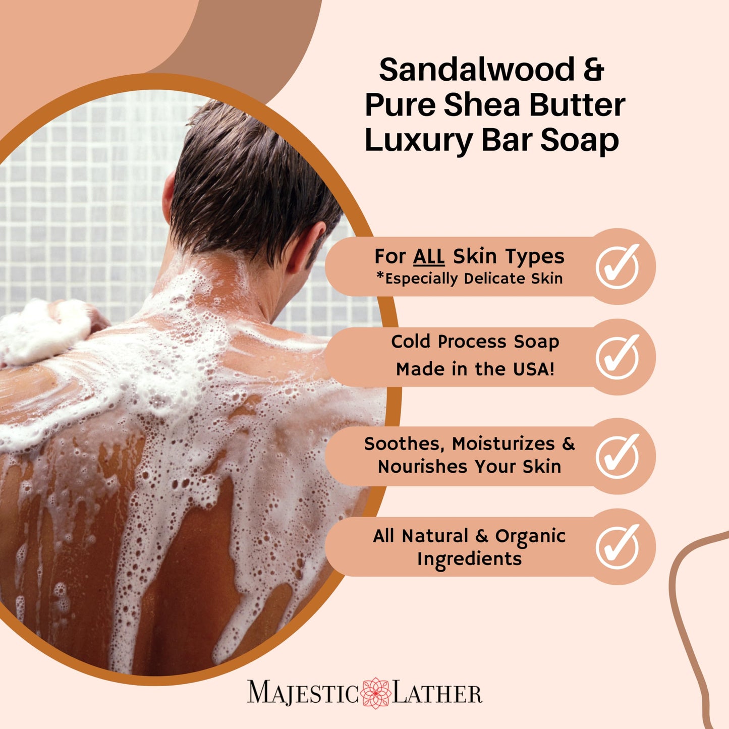 Sandalwood Luxury Bar Soap for Face & Body - Skin Soothing, Gentle Cleansing, Moisturizing & Nourishing. Shea Butter & Natural Oils. Cold Process Beauty & Personal Care Majestic Lather