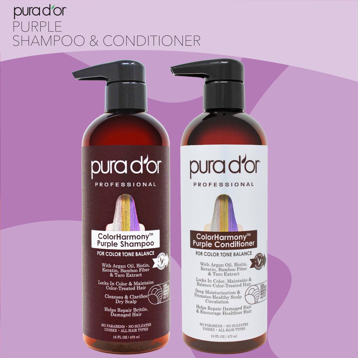 PURA D'OR Purple Shampoo & Conditioner (16oz x 2) ColorHarmony Biotin Set For Bleached, Blonde, Silver & Color Treated Hair - Keratin, Bamboo Fiber Beauty & Personal Care PURA D'OR