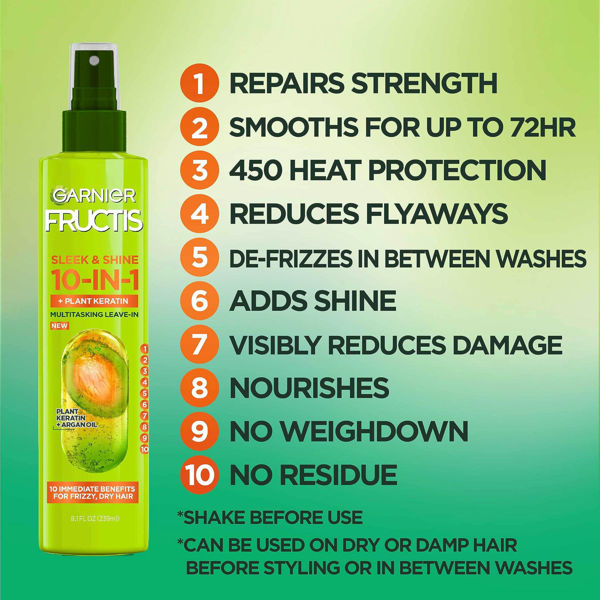 Garnier Fructis Sleek & Shine 10-in-1 for Frizzy, Dry Hair, Plant Keratin, 8.1 Fl Oz, 1 Count (Packaging May Vary) Beauty & Personal Care Garnier