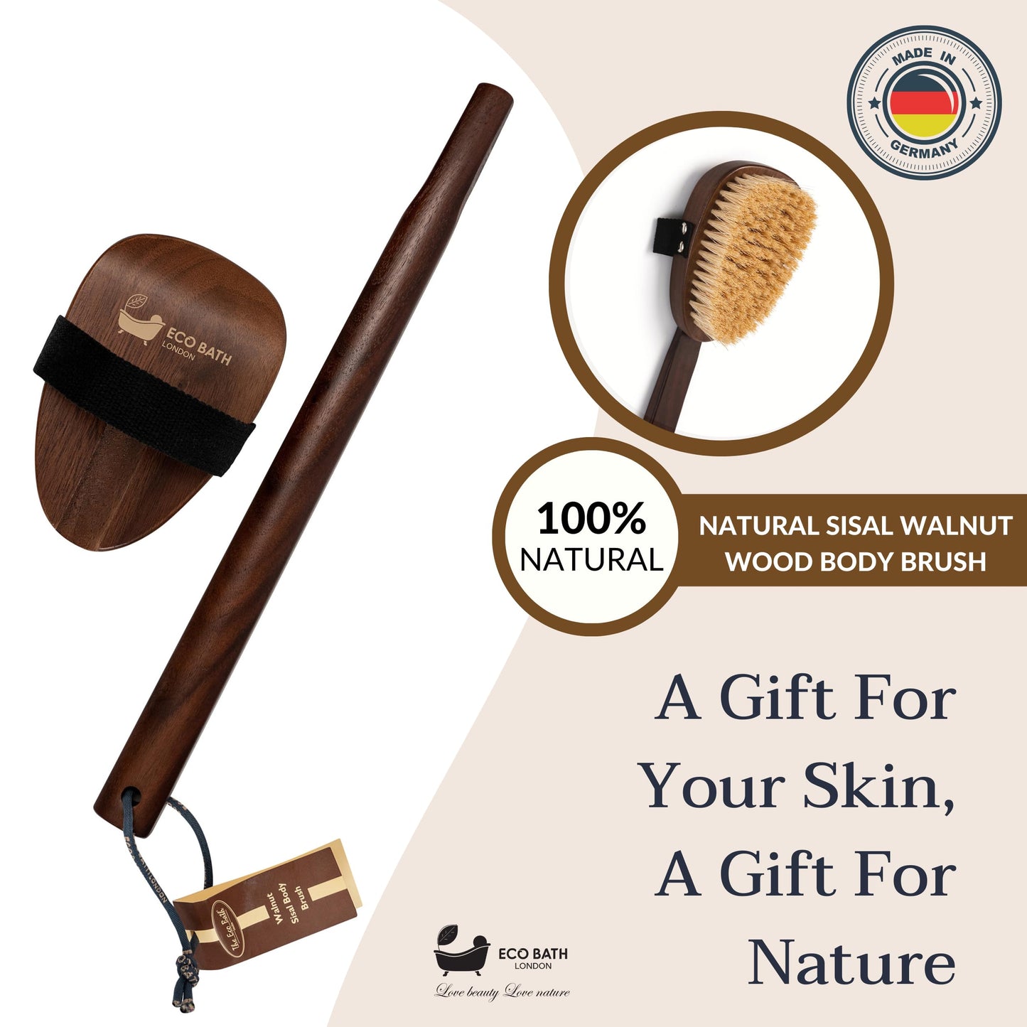 Eco Bath London Natural Sisal Walnut Wood Body Brush - Luxurious Dry Brushing Body Brush with Firm Bristles and Detachable Handle for Exfoliation Beauty and Personal Care Eco Bath London