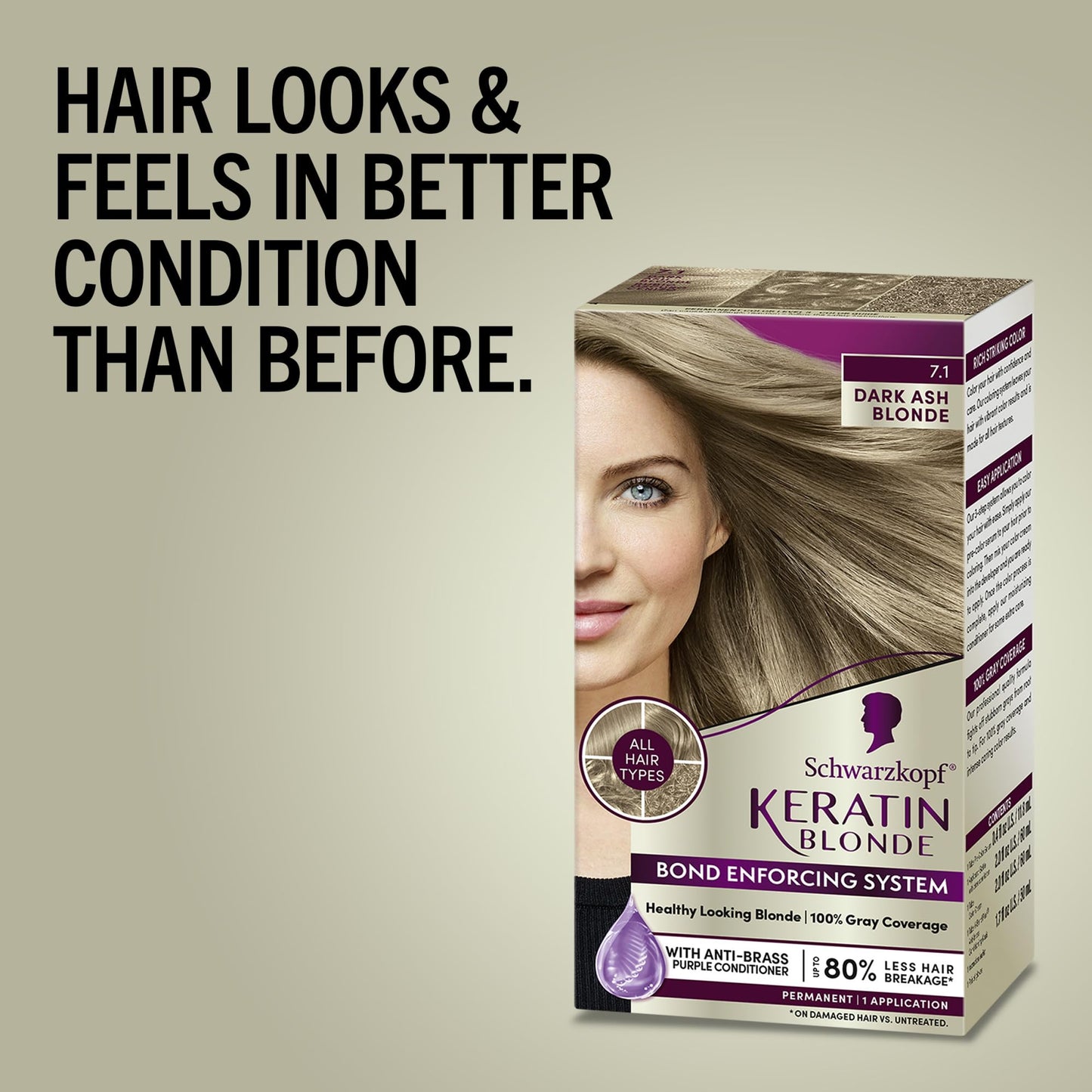 Schwarzkopf Keratin Blonde Hair Dye, 7.0 Dark Ash Blonde, Professional Quality Permanent Hair Color, Bond Enforcing System, Pre-Color Serum & Purple Beauty & Personal Care Schwarzkopf