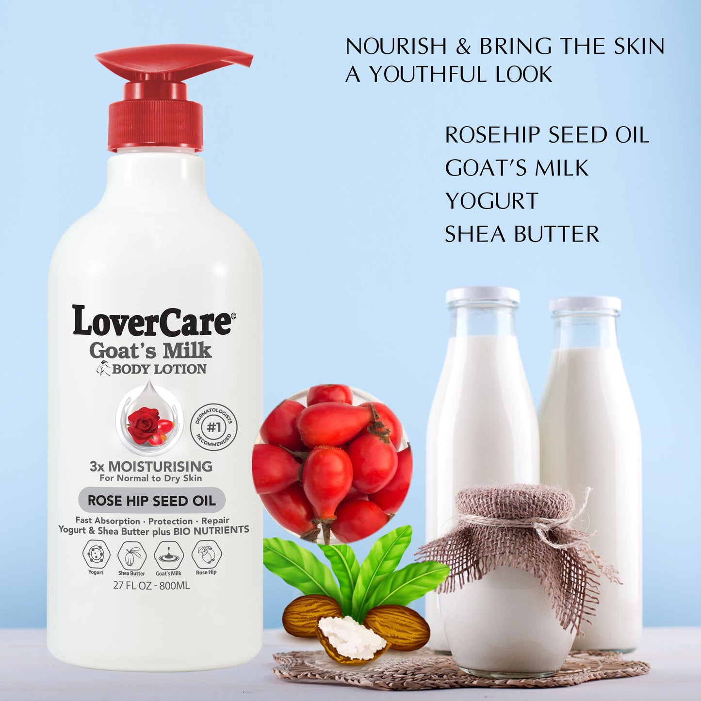 Lover's Care Goat Milk Body Lotion for Dry Skin 27 fl oz (800ml) Rose Hip Seed Oil - Single… Beauty & Personal Care Lover's Care