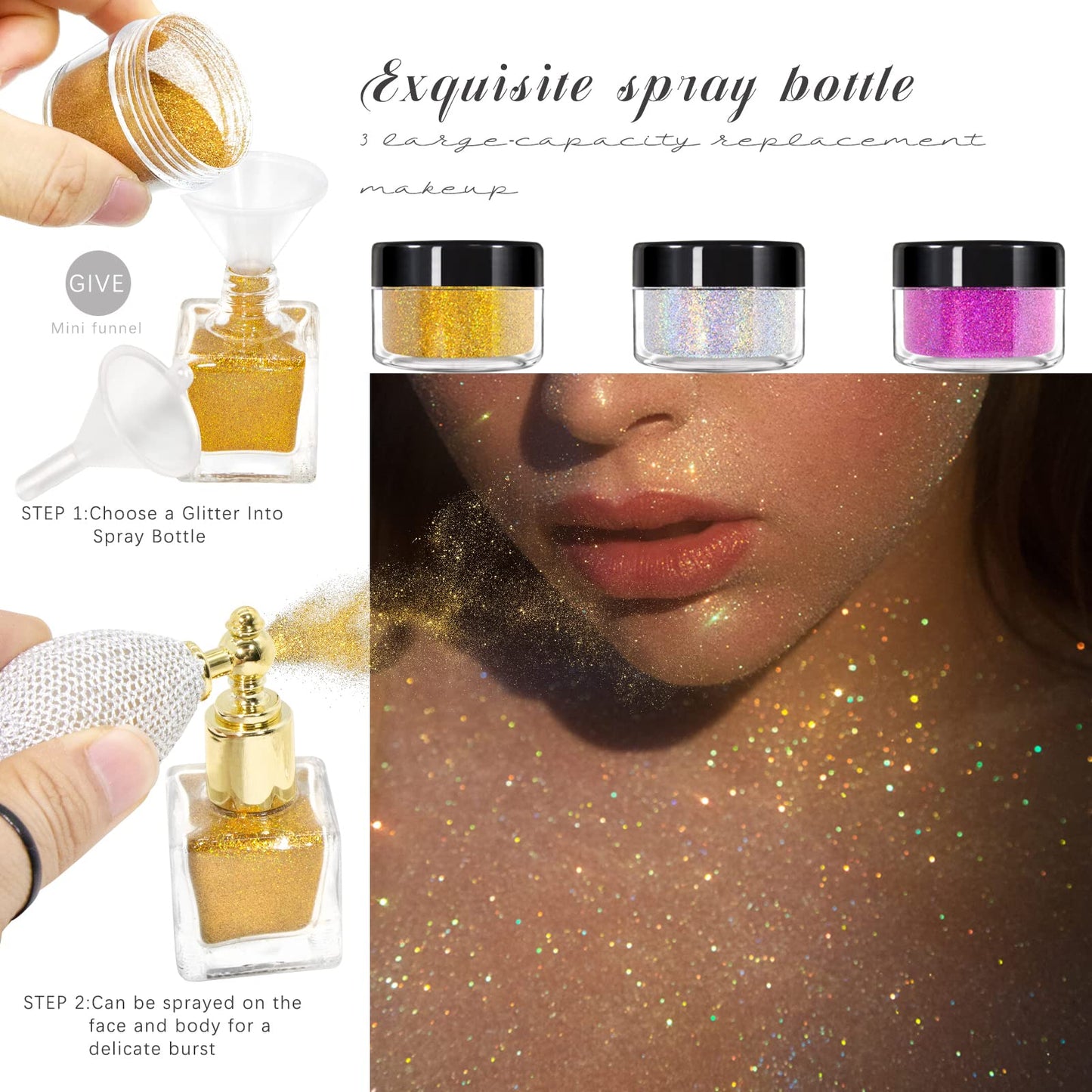 NewBang Body Glitter Spray,Sliver Gold Pink Glitter Powder,Shimmer Highlighter Loose Powder Glitter Makeup for Body Face Hair Clothes Nail Art Craft Beauty & Personal Care NewBang