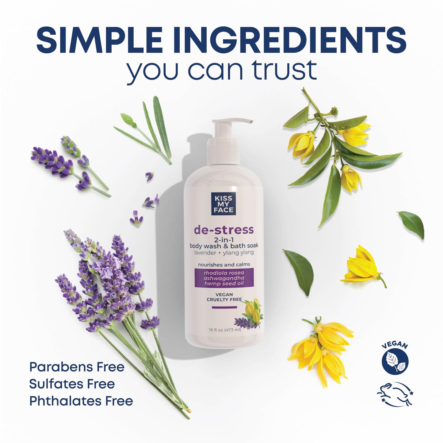Kiss My Face De-Stress 2-in-1 Body Wash & Bath Soak Lavender + Ylang Ylang - Vegan Body Wash - 16 oz Bottle with Pump (Lavender & Ylang Ylang, Pack Beauty & Personal Care Kiss My Face