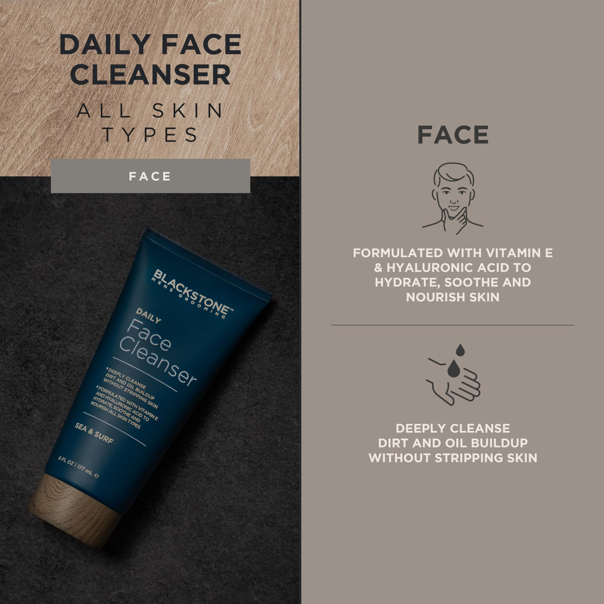Blackstone Men's Grooming Daily Face Cleanser - Deep Cleanse & Nourish with Hyaluronic Acid, Aloe Vera and Vitamin E | Hydrate - Sea & Surf (6 Fl Oz) Beauty & Personal Care Blackstone
