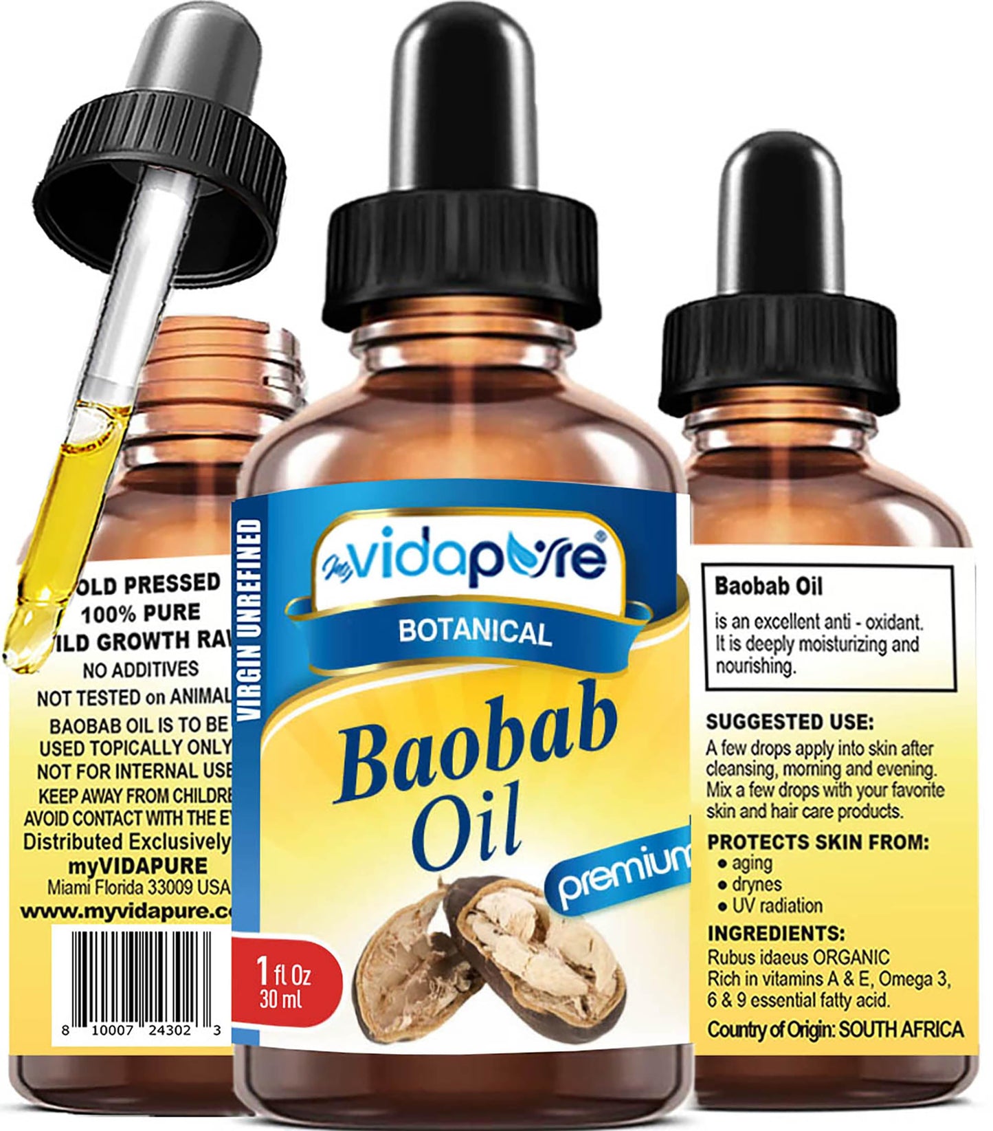 MYVIDAPURE 100% Pure BAOBAB OIL WILD GROWTH RAW for Skin, Hair, Lip and Nail Care. (1 Fl Oz) Beauty & Personal Care MYVIDAPURE
