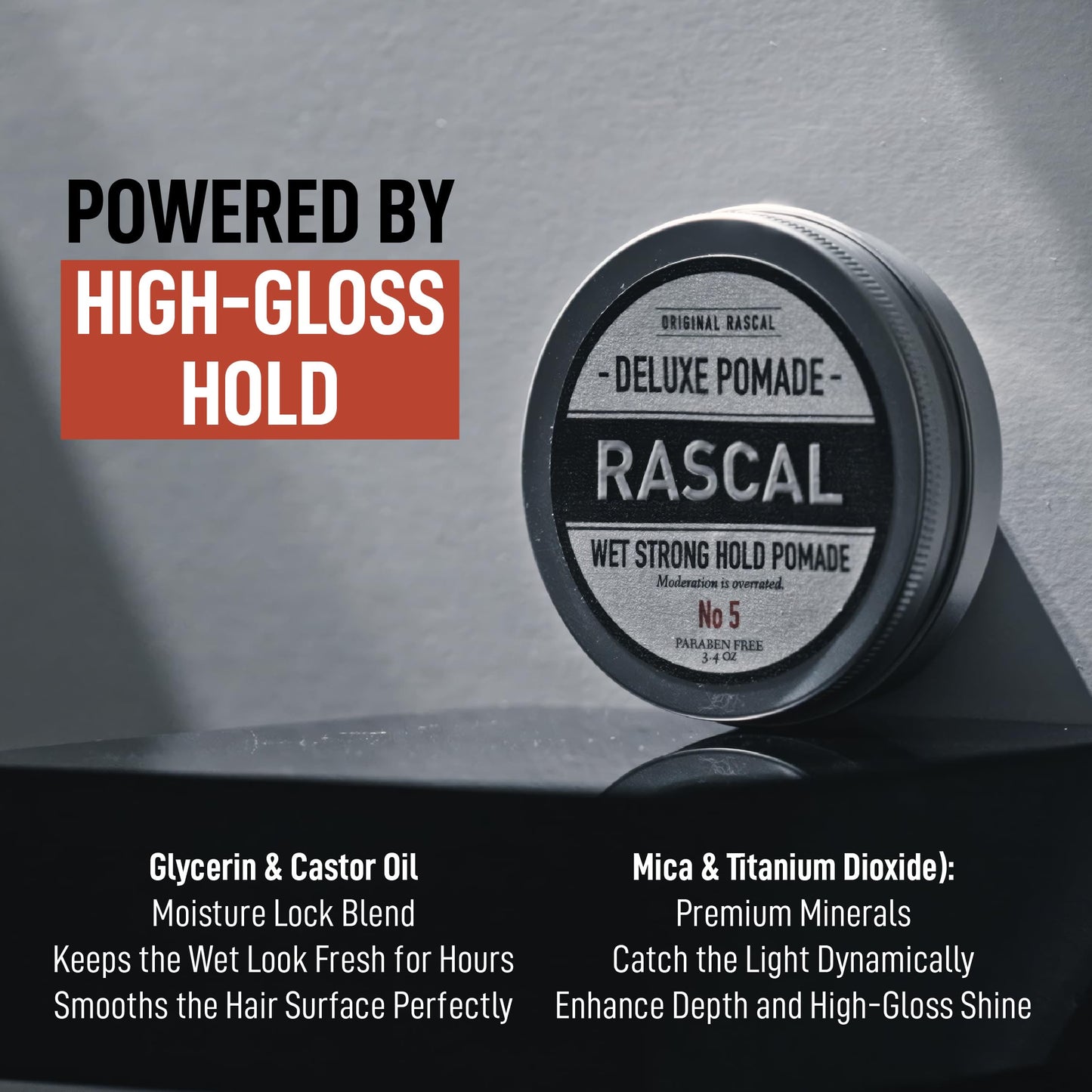 Original Rascal Deluxe Pomade #5 - Hair Paste High Shine w/Strong Hold & Wet Look - Men's Styling Care Solution for All Hair Type - Natural Made Beauty & Personal Care Rascal Men's Grooming