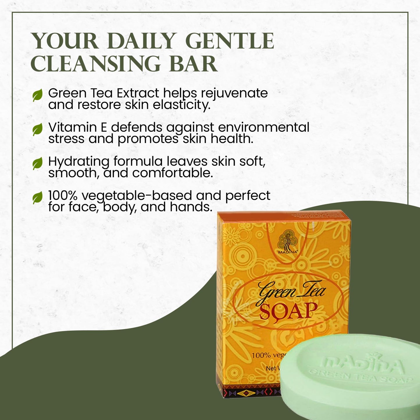 Madina Green Tea & Vitamin E Soap Bar - Antioxidant, Moisturizing, Hydrating, Skin Rejuvenating, Gentle Daily Cleanser, Vegetable-Based, For All Skin Beauty & Personal Care Madina