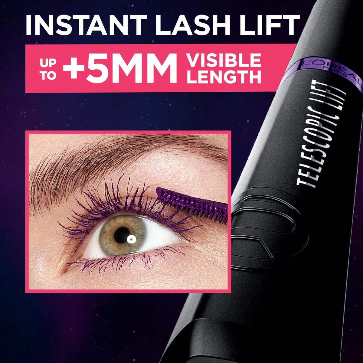 L'Oreal Paris Telescopic Lift Colored Mascara, Lengthening and Volumizing Eye Makeup, Lash Lift with Up to 36HR Wear, Washable, Galactic Purple