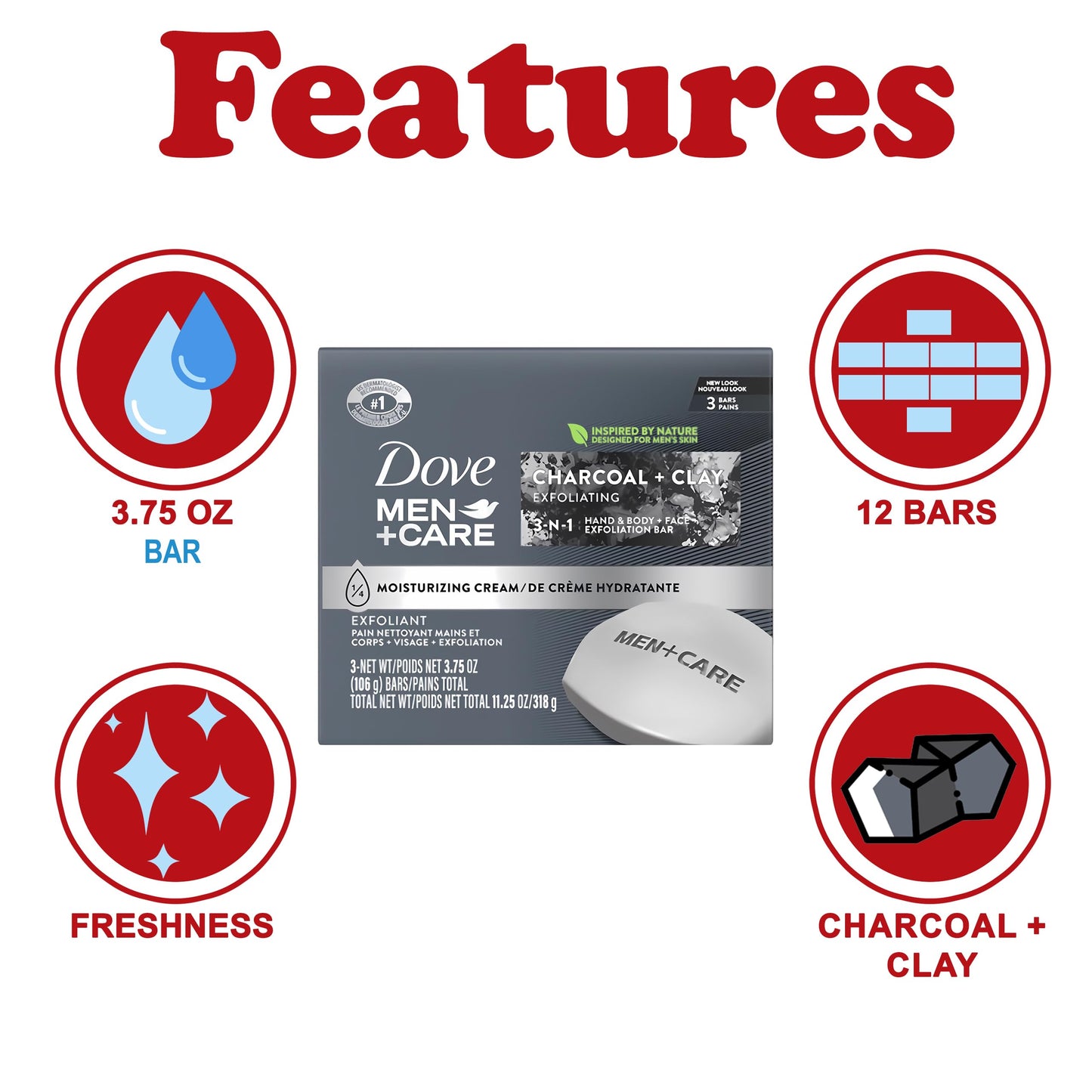 Dove Men + Care Bar Soap Charcoal Clay, 12 Count, 3 in 1 Body Face and Hand Exfoliating, Purifying Bar Soaps for Men, Plant Based with Essential Oils Beauty & Personal Care Dove