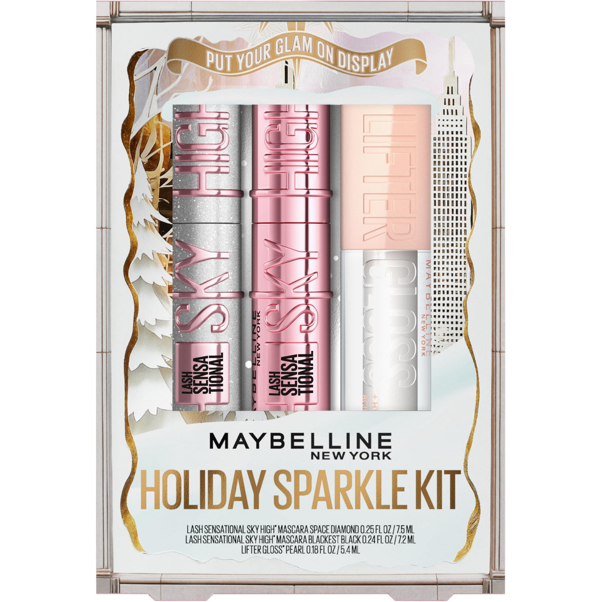 Maybelline Lash Sensational Holiday Makeup Kit, Includes Full-Size Sky High Mascara, Lash Sensational Glitter Mascara and Lifter Gloss, 1 Makeup Gift