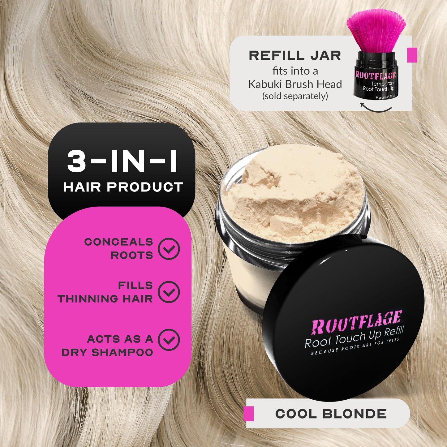 Rootflage Instant Blonde Hair Touch Up Powder - Temporary Color, Root Concealer, Thinning Hair Powder with Refill Jar and Brush (02 Cool Blonde) Beauty & Personal Care Rootflage